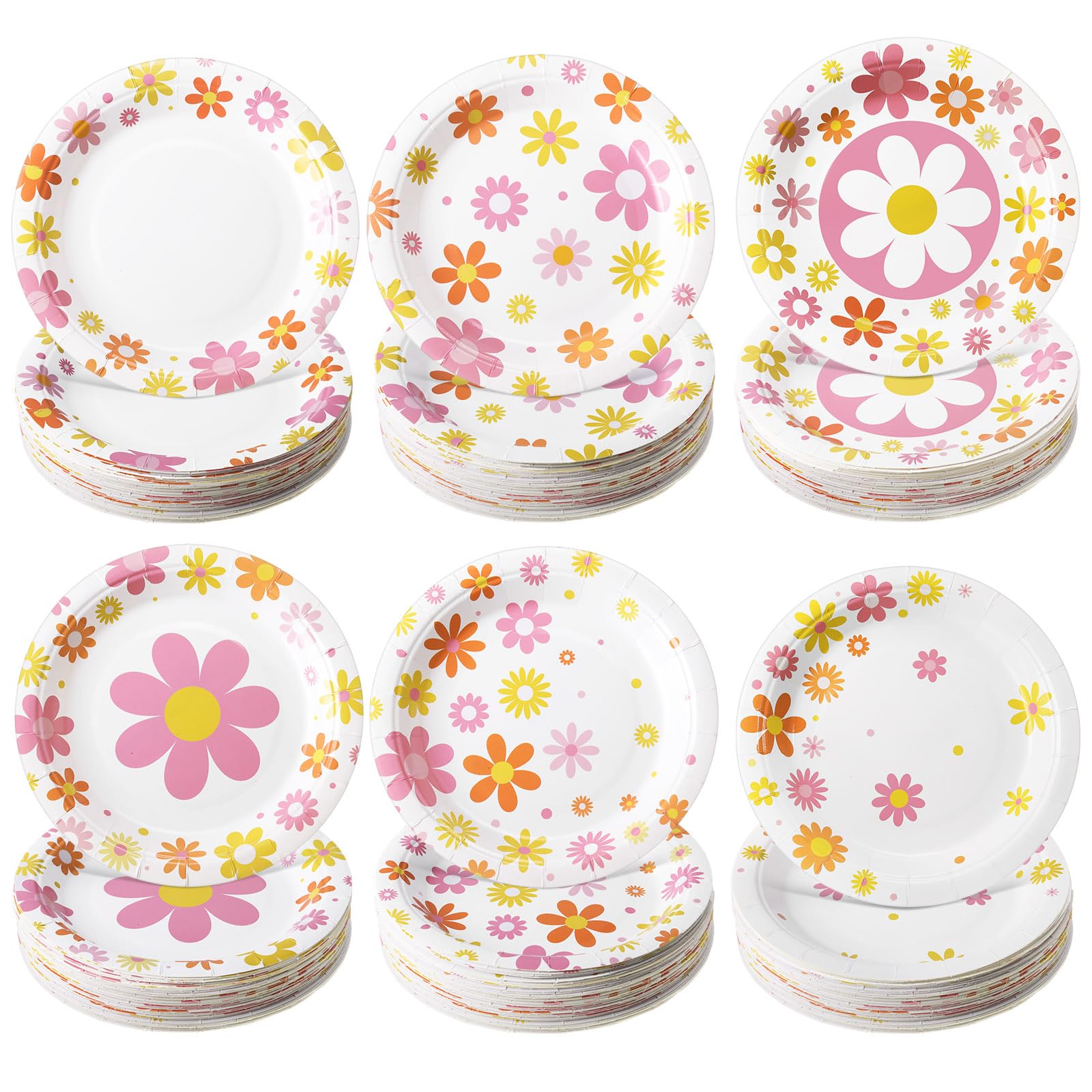 Funnymoom 60 Pcs 7 Inch Groovy Daisy Birthday Paper Plates Retro Hippie Boho Disposable Dessert Plates Flower Party Supplies for Birthday Bridal Baby Shower Wedding Tea Party Decoration