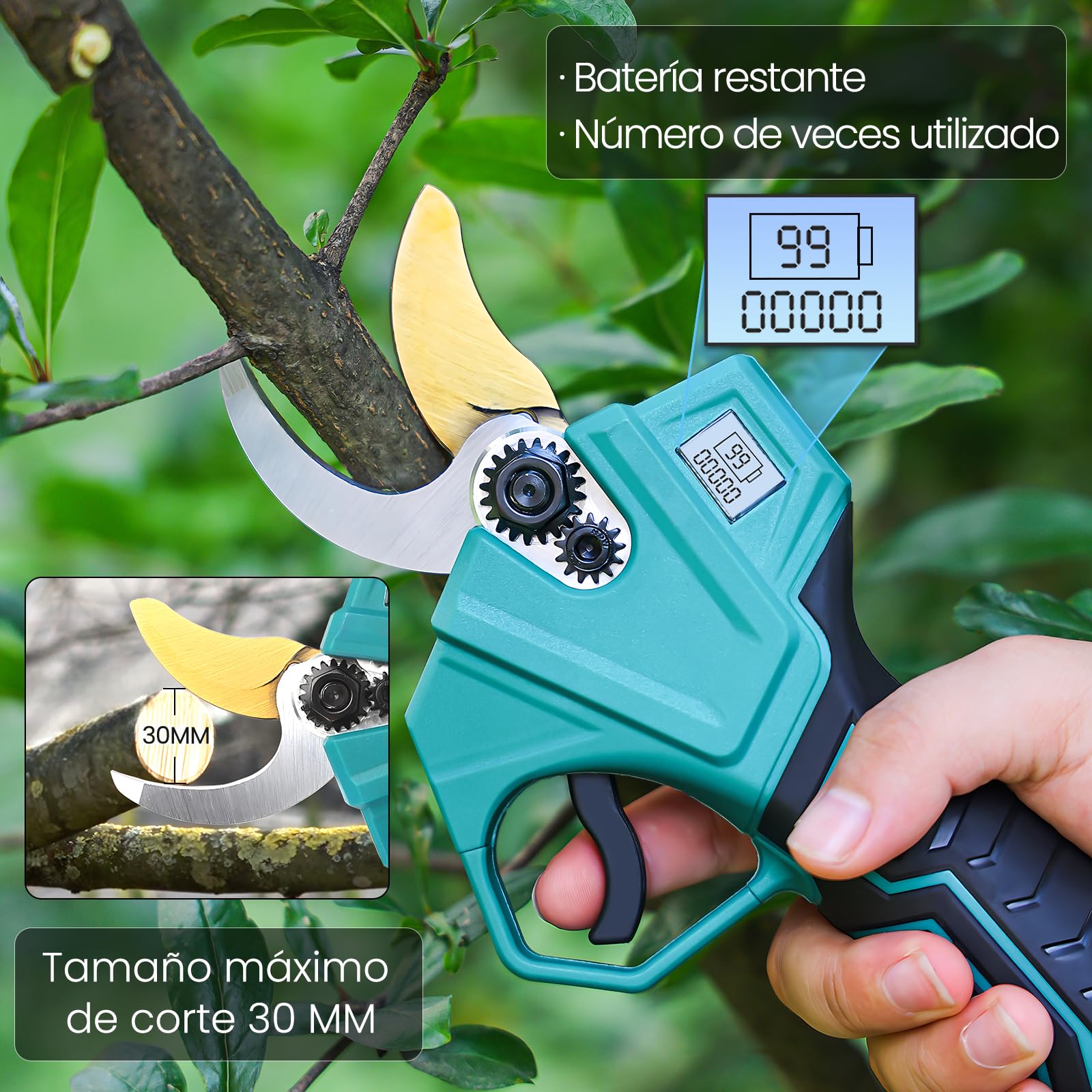 Tijeras de podar electricas,diámetro de Corte 30 mm,Pantalla LCD,2 *2000 mAh Baterías 21V Tijeras de Podar con bateria,Motor sin escobillas,Tijeras electrónico para Viña,Huertos y Jardines