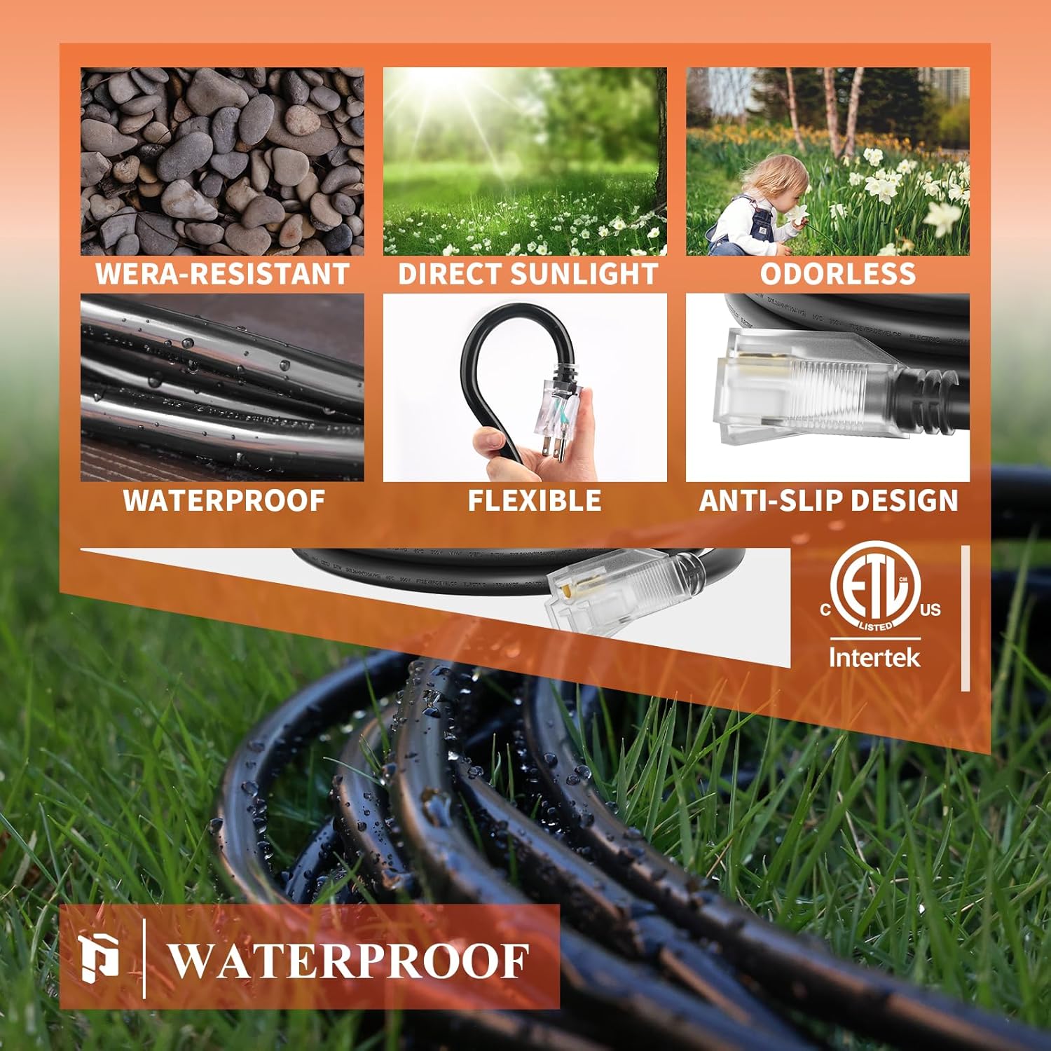 PLUGTUL 10 Gauge Extension Cord 50FT, Black Outdoor Extension Cord with Lighted End, Heavy Duty,15A 1875W SJTW, ETL Listed