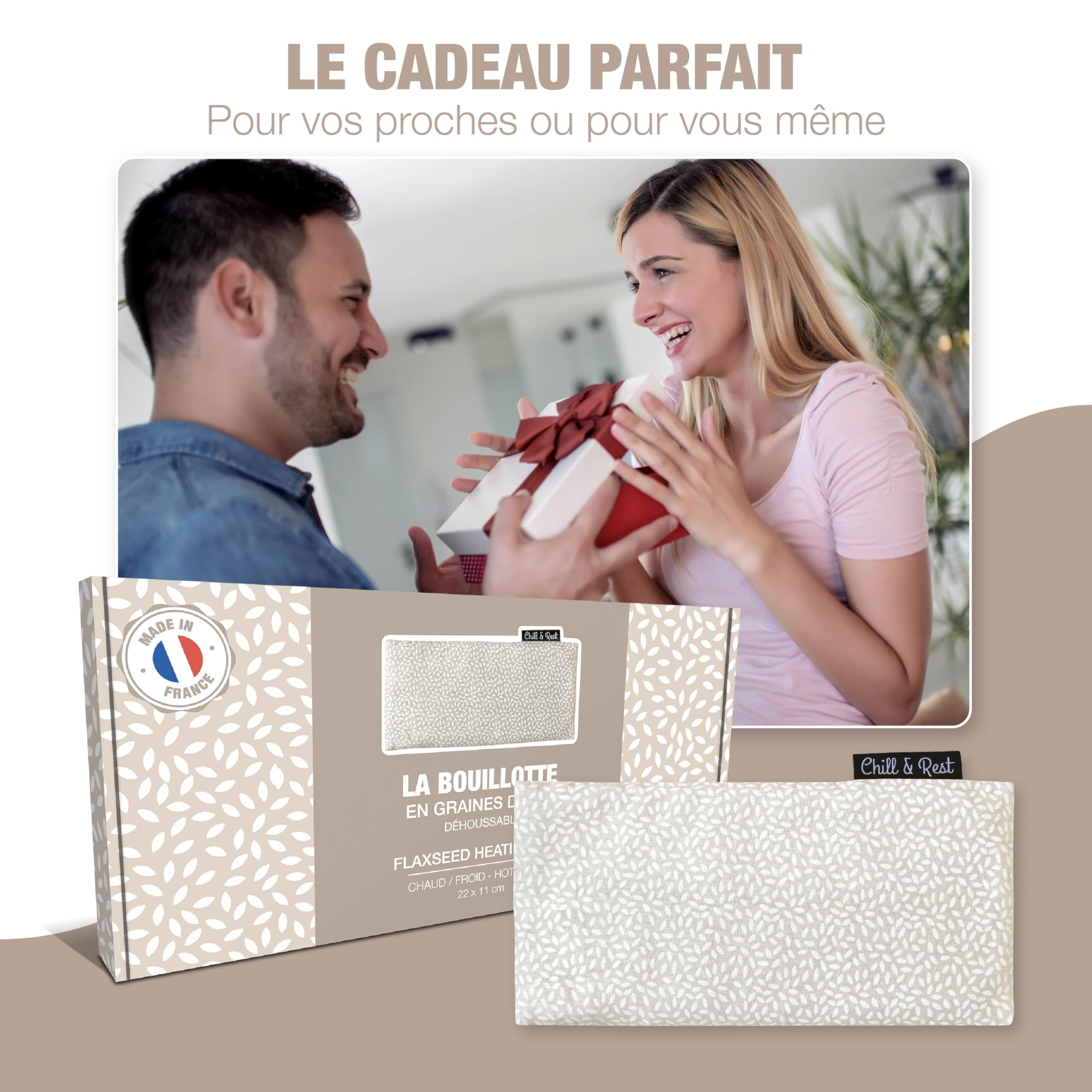 Chill&Rest - Petite bouillotte micro-ondes déhoussable - Fabriquée en France - Patch chauffant - Bouillotte enfant - Coussin chauffant nuque - Regles douloureuses - Cadeau - Beige - La Naturelle