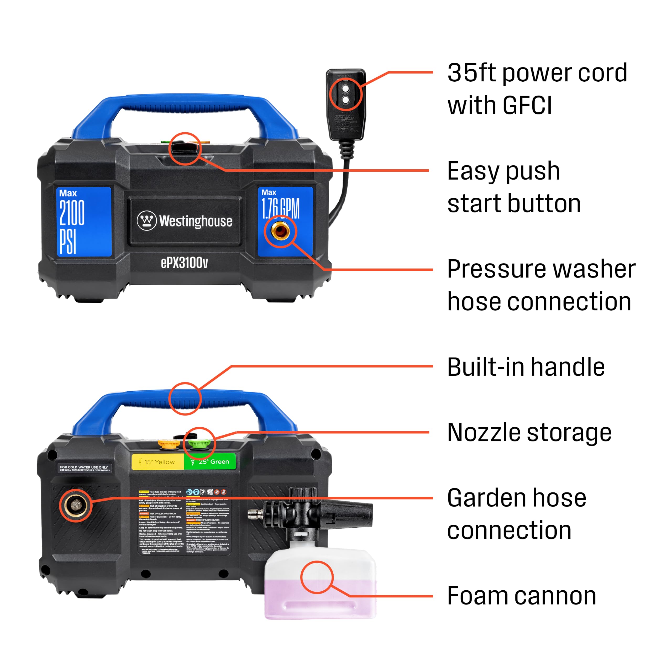 Westinghouse ePX3100v idropulitrice elettrica, 2100 PSI max 1,76 GPM, maniglia di trasporto integrata, cannone in schiuma staccabile, bacchetta in acciaio Pro-Style, set di 4 ugelli, per