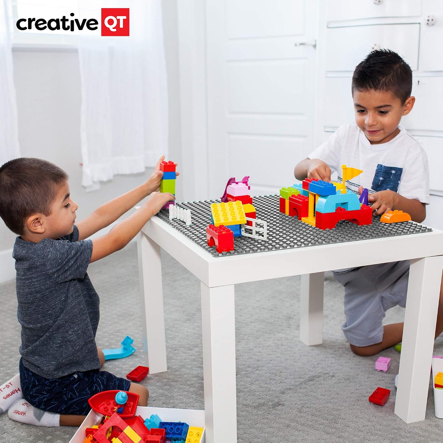 Creative QT Peel-and-Stick, Self Adhesive Baseplates - 4 Pack (10" x 10") - Compatible with DUPLO-Style Bricks (Only with Bigger Size Blocks) - Fastest and Easiest DIY Play Table or Wall (Grey)