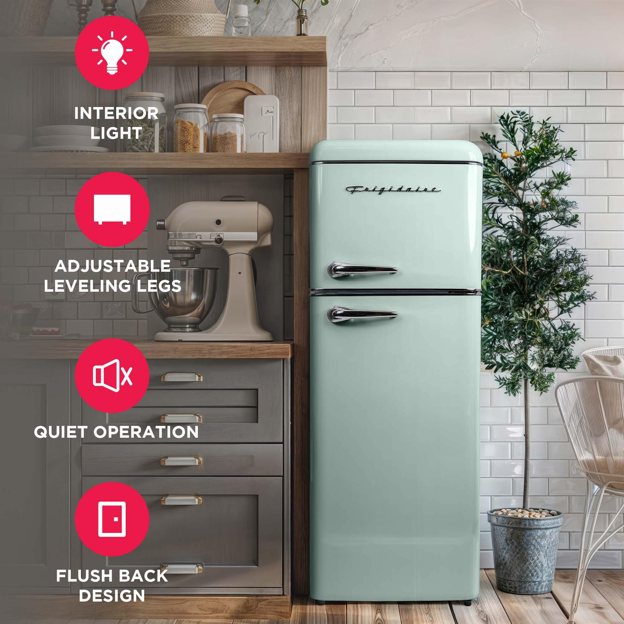 Frigidaire, 2 Door Apartment Size Retro Refrigerator With Top Freezer, Chrome Handles, 7.5 Cu Ft, Green on Fridge.com - View 4