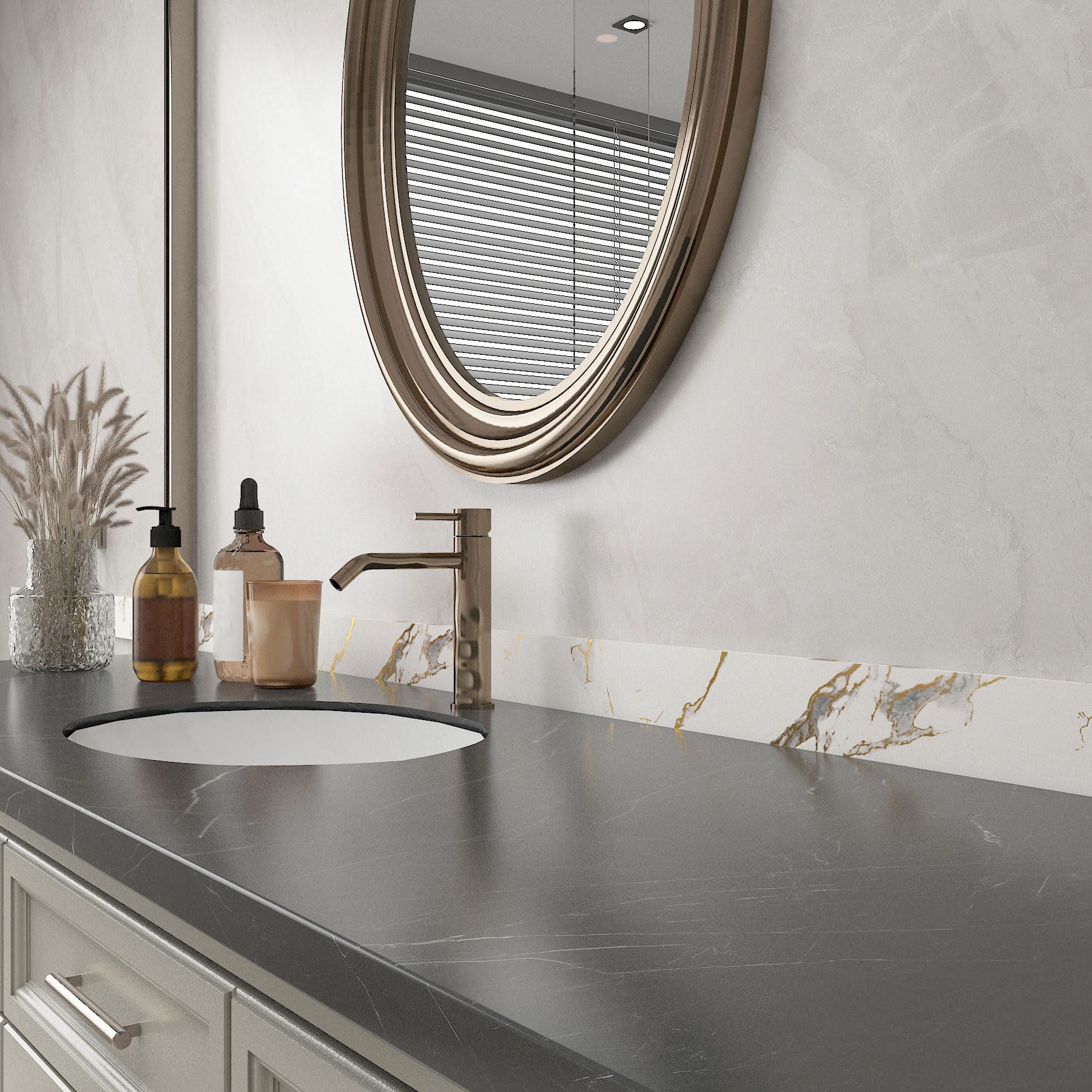 Decotalk Bordo Adesivo per Mobili Bianco e Oro Effetto Marmo 7.6X600cm Bordi Adesivi per Pareti Carta da Parati Autoadesiva Muro Bianca Nastro Adesivo Decorativa Bordo Specchio Linee Murali Rimovibile