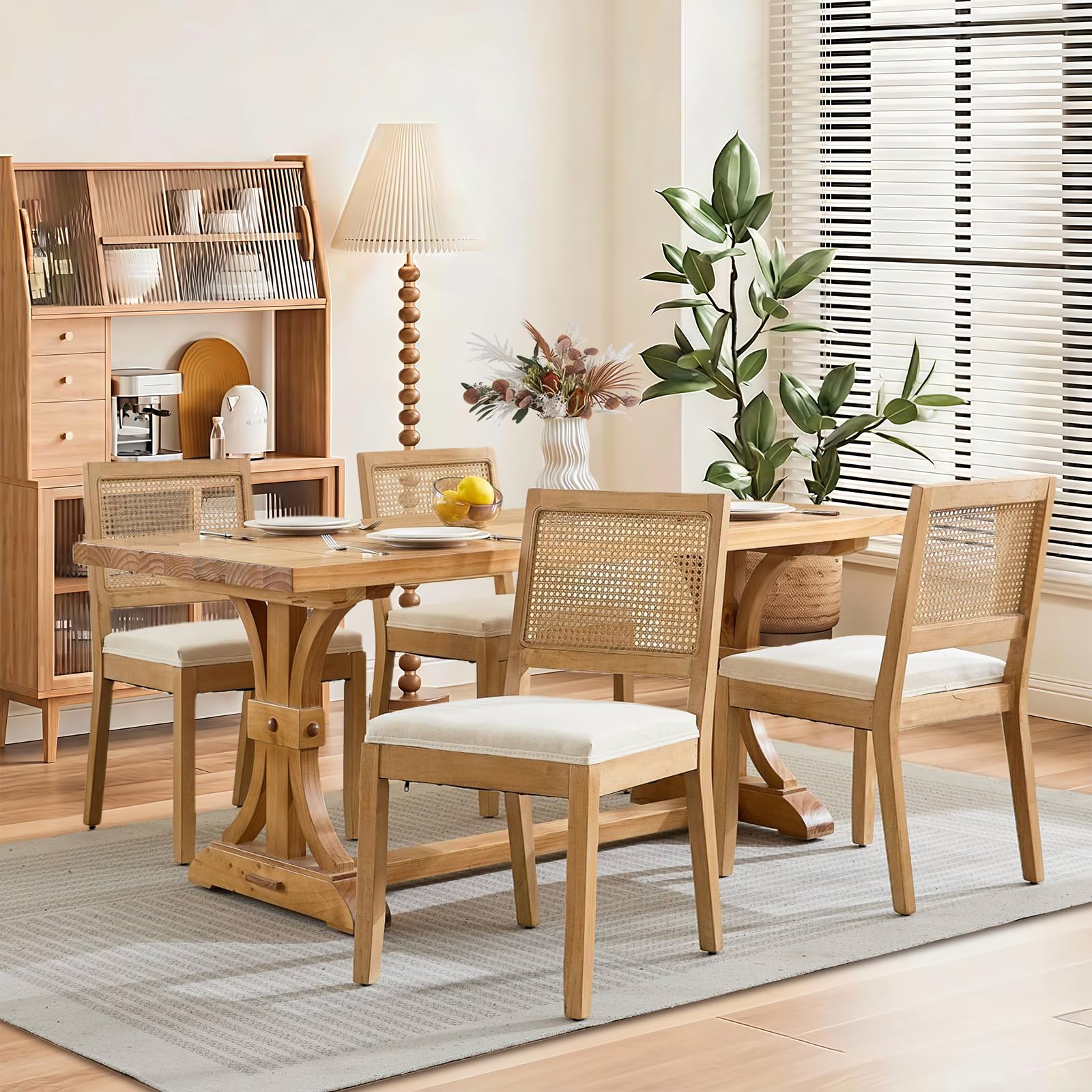 VICBARLEY French Dining Chairs Set of 4,Farmhouse Upholstered Linen Chairs with Rattan Square Backrest,Solid Wood Legs,for Living Room,Kitchen,