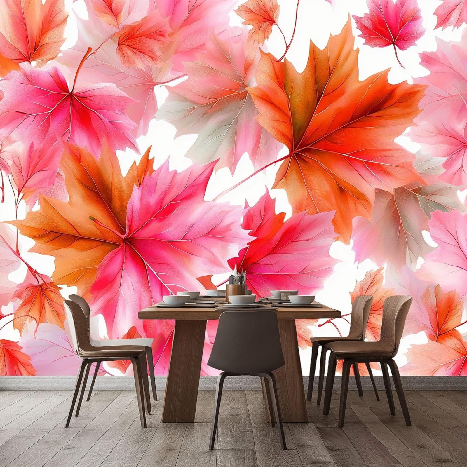 Autumn Forest Photo Wallpaper Watercolor Maple Leaves Pink, Modern Wall Decor Art Print for Living Room, Office, Bedroom & Children's Room, 250cm x 175cm Stickers - Frameless Painting - Poster