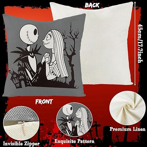 Miniatura 2 de 4 fundas de almohada navideñas de Halloween Jack y Sally de 18 x 18 pulgadas, fundas decorativas de lino para el hogar, sofá, cama