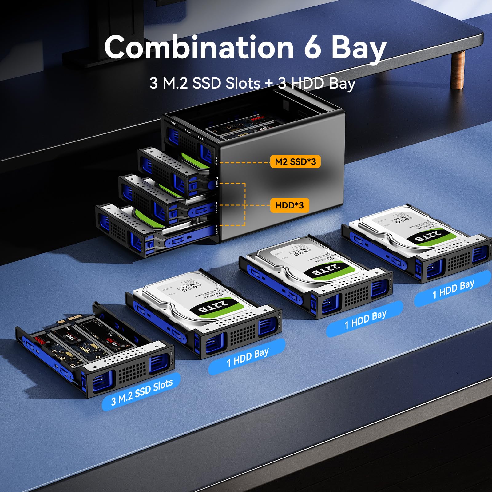 CENMATE Obudowa dysku twardego hybrydowa 3 x 3,5 HDD + 3 x obudowa M.2 NVMe z wentylatorem do 2,5/3,5 cala SATA HDD/SSD i M Key/B+M Key 2230/42/60/80/110 M.2 SSD, kabel USB A/C 3.2, obudowa HDD 3.5