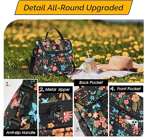 Miniatura 5 de HOMESPON Bolsa de almuerzo para mujer, grande, aislada, reutilizable, con bolsillo frontal y correa de hombro ajustable para el trabajo, picnic o