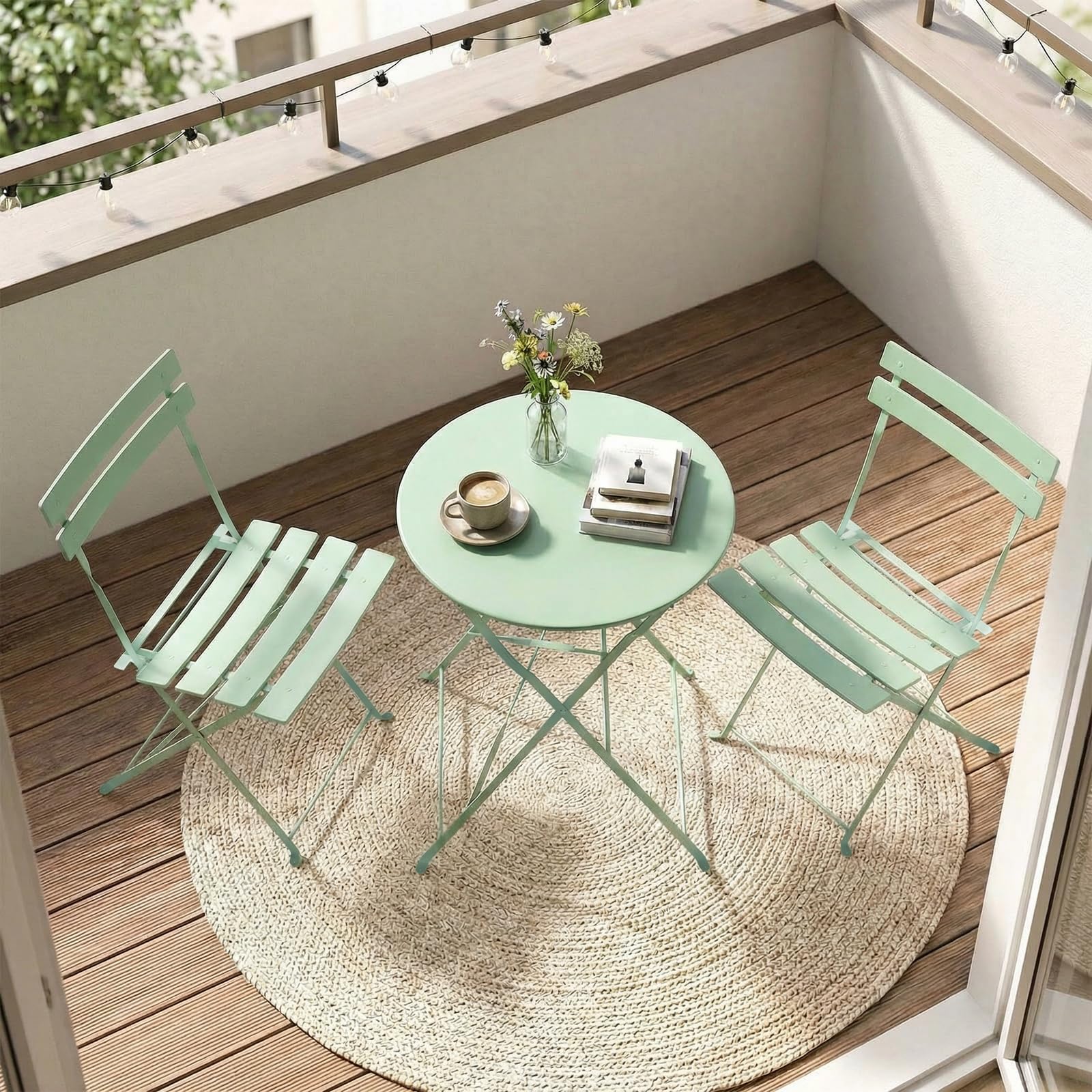 Clevich Bistro Set Balkon Metall, Balkonmöbel Set 3 teilig, Bistrotisch mit 2 Stühlen, Gartenmöbel-Set Outdoor Sitzgruppe, Faltbar und Wetterfest, für Gärten, Terrassen, Grün