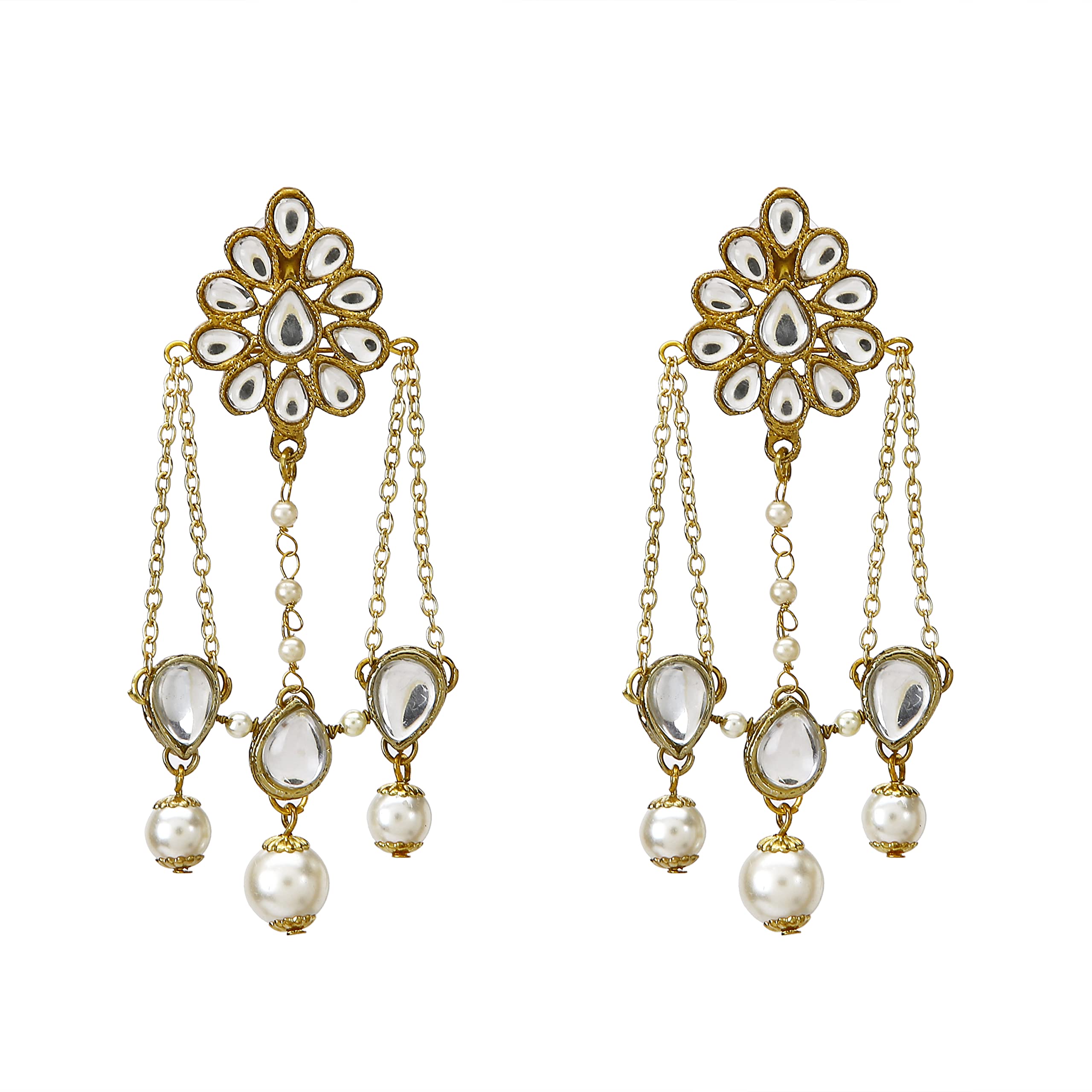 Abhika Creations Designer Kundan Multi Chain Drop Pearl Earrings Bollywood Style Traditional Ethnic Handmade Kundan Earrings For Women Desiner Stylish Kundan Statement Jewelry For Ethnic Attire