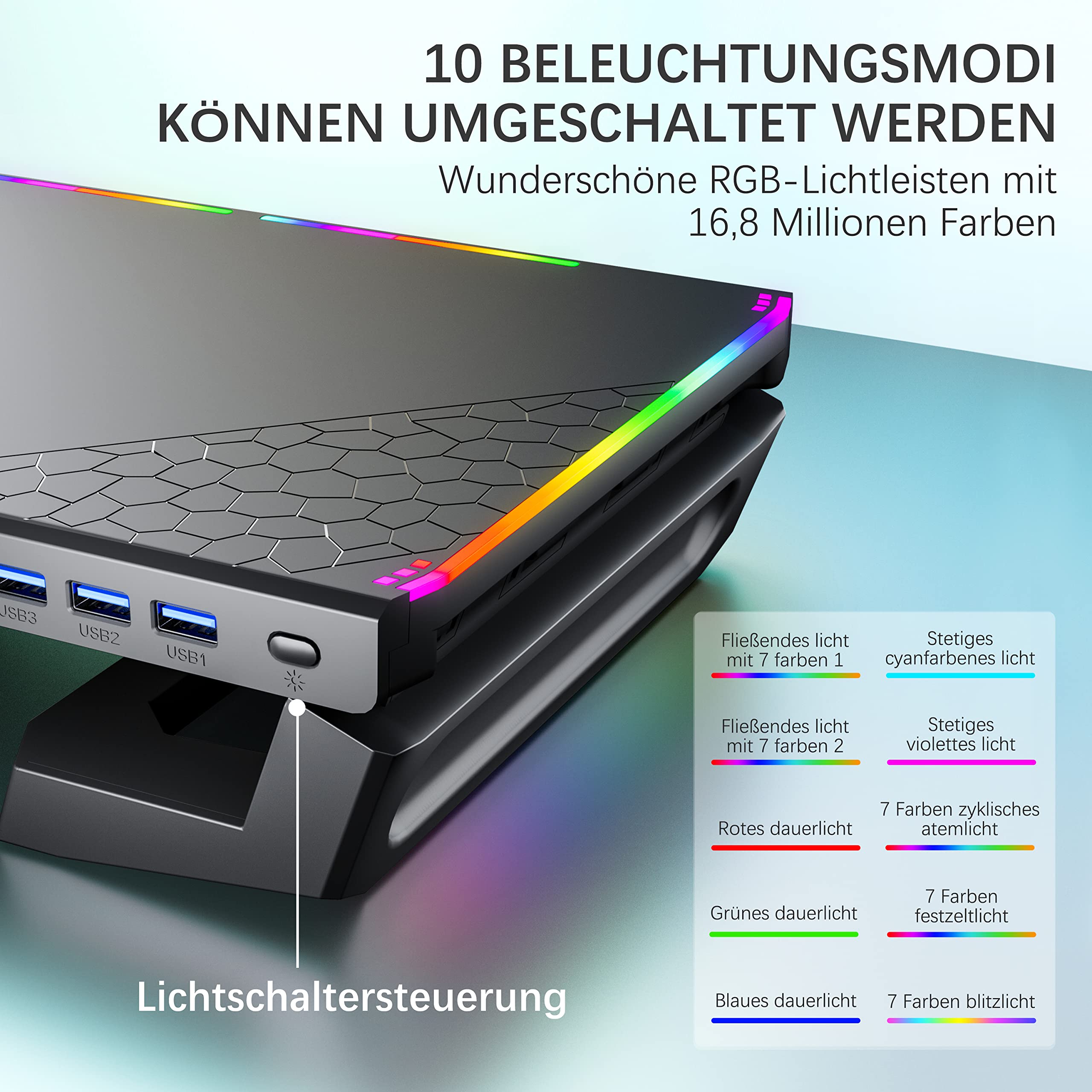 Supporto per monitor da scrivania per gaming con 4 hub USB 3.0 e luce RGB, monitor riser pieghevole computer con cassetto e portapenne, per PC/laptop/iMac - nero