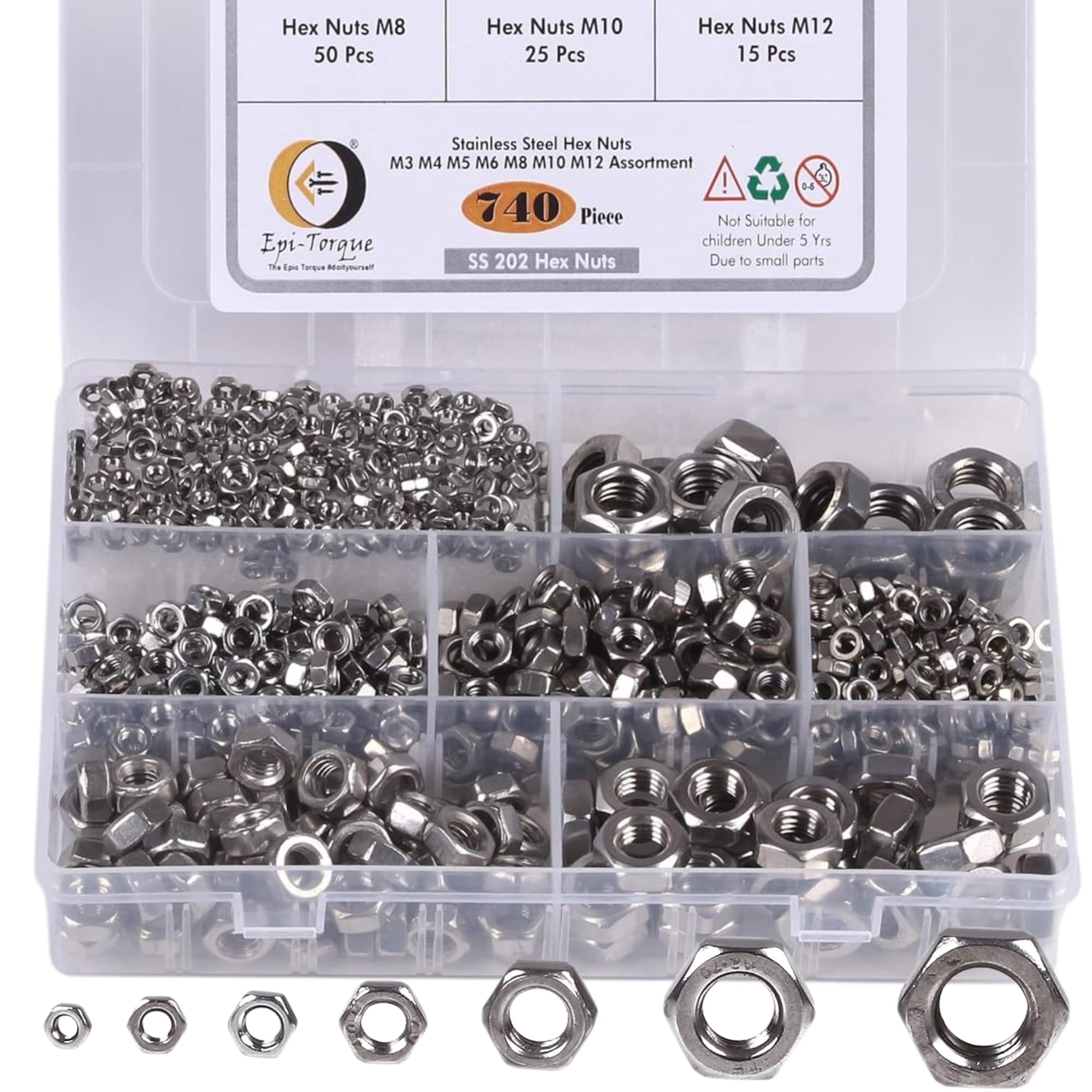 Stainless Steel 202 Grade Hexagonal Nuts 7 Sizes M3, M4, M5, M6, M8, M10, M12 Assortment Pack of 740 Pcs with Storage Box