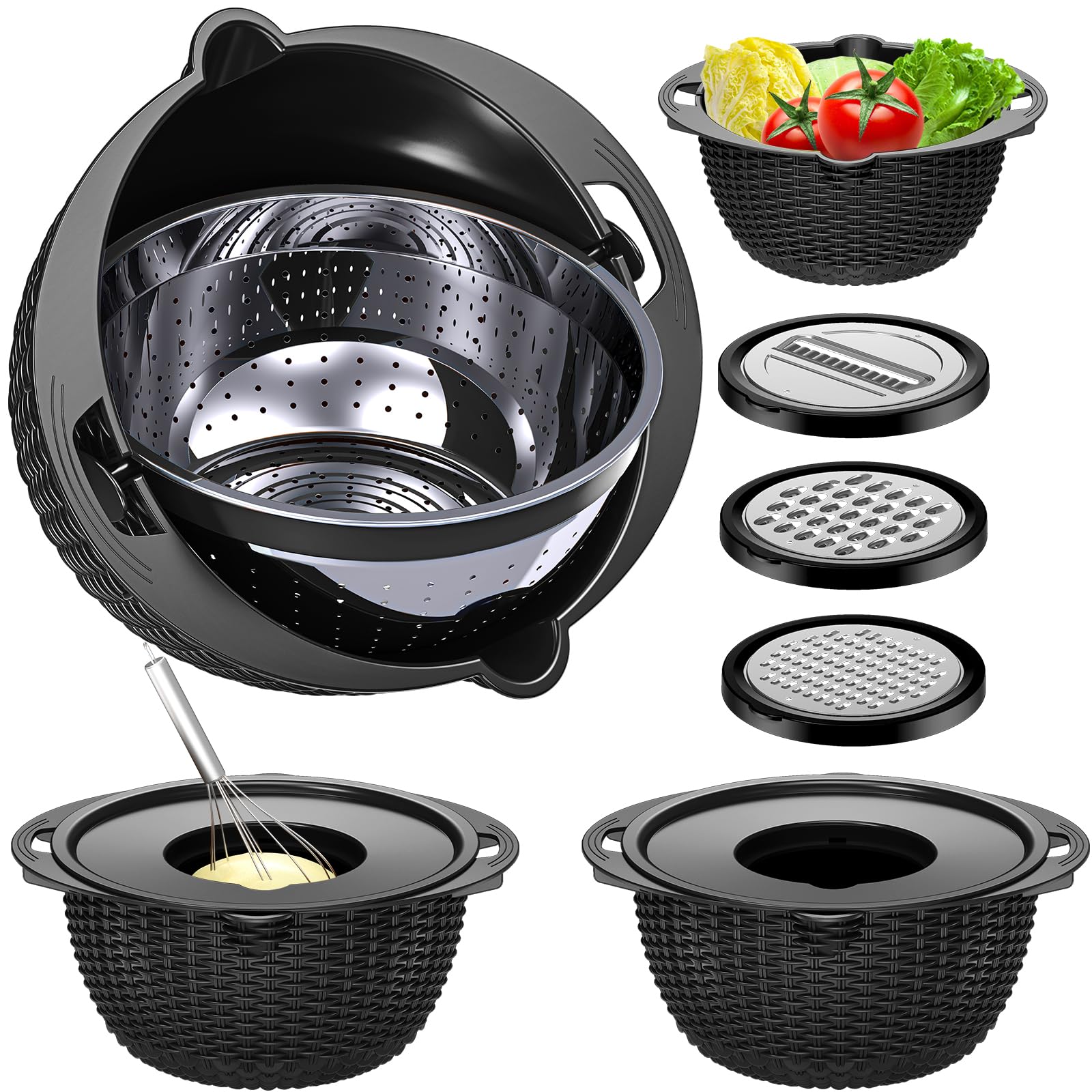 4-1 Colander with Bowl Set - Pasta Strainer - Colander for Kitchen - Strainers and Colanders Rice Strainer Fruit Cleaner Veggie Wash Sink Strainer Kitchen Essentials - Black