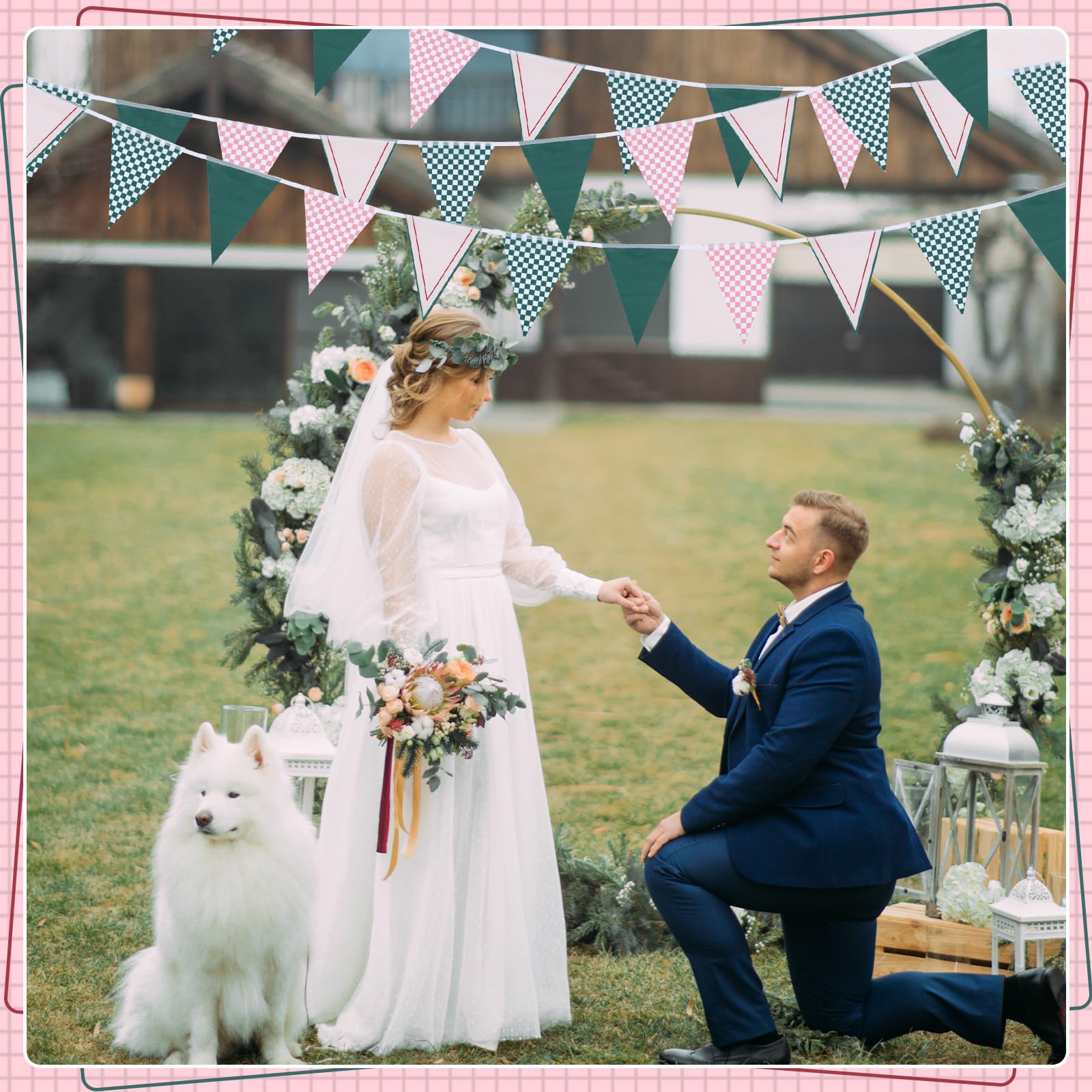 VitalCozy 9,8 m lange Wimpelkette für Hochzeit, Camp Braut, dreieckig, kariert, Gingham-Flagge, Wimpelkette, Stoffgirlande, vorbespannt, für Junggesellinnenabschied, Dekoration für Brautparty,