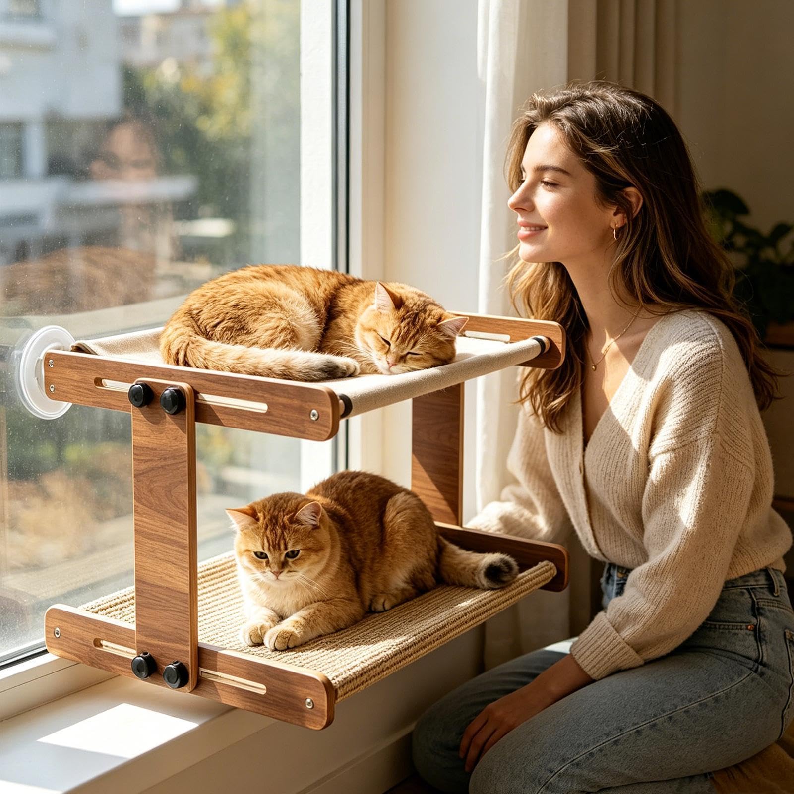 Amaca Finestra per Gatto Spazio Riposo A Ventose | Posatoio per gatti traspirante regolabile per interni comodini balcone terrazza appartamento gioco