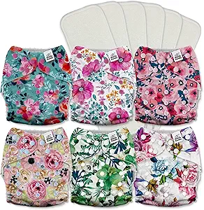 Mama Koala 3.0 Pocket Cloth Diapers for Babies with AWJ Lining, 6 Pack with 6 5-Layer Natural Cloth Diaper Inserts - Reusable and Washable Pocket Diapers(A-Bloomin' Lovely)