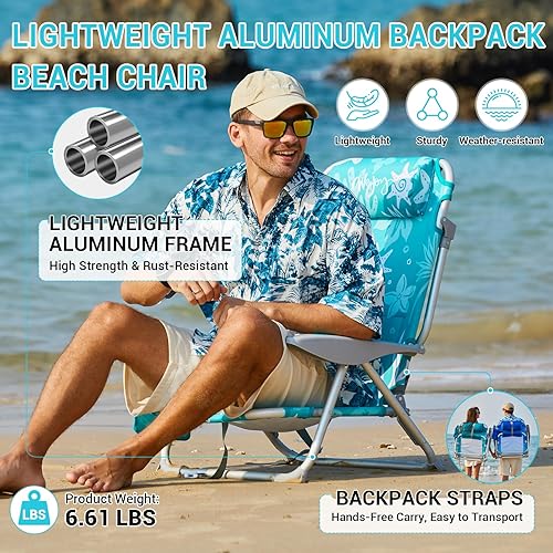 Miniatura 6 de #WEJOY Silla de playa para adultos, posición ajustable reclinable, plana, ligera, plegable, portátil, de aluminio, con correas para mochila, #C 1