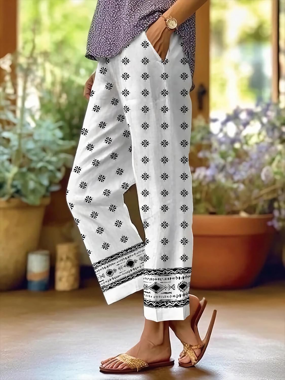 Linen Pants for Women Capri Boho Summer Baggy Palazzo Pants Floral Beach Pants with Pockets