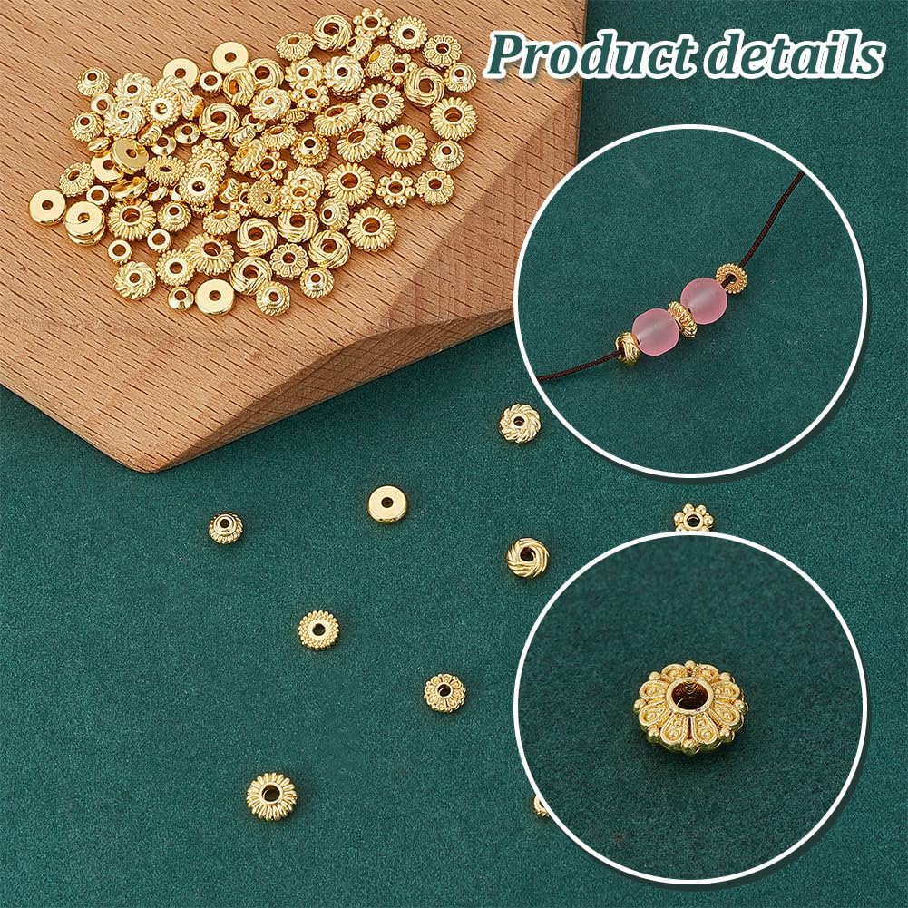 PH PandaHall 100pcs 18K Gold Spacer Beads 10 Styles Metal Beads Flat Round Gold Beads Flower Rondelle Beads Loose Beads for Summer Bikini Beach Layered Bracelets Necklaces Earrings Jewelry Making - Image 4