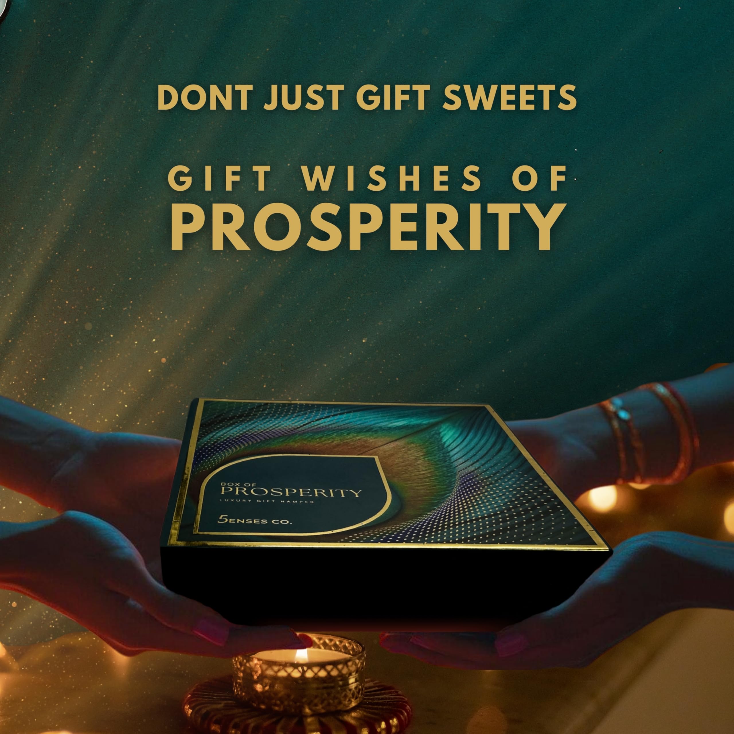 5 Senses Co. Prosperity Box Luxury Gift Hamper- Contains Chocolate Almonds, Kashmiri Kahwa Green Tea, Pyrite Bracelet for Wealth | Resin Pooja Diya Thali & Ganesh Hanging | Premium New Year | Diwali Gift Box for Family & Friends | Corporate Gifts | House Warming Gift | Pooja Gift | Return Gift 4