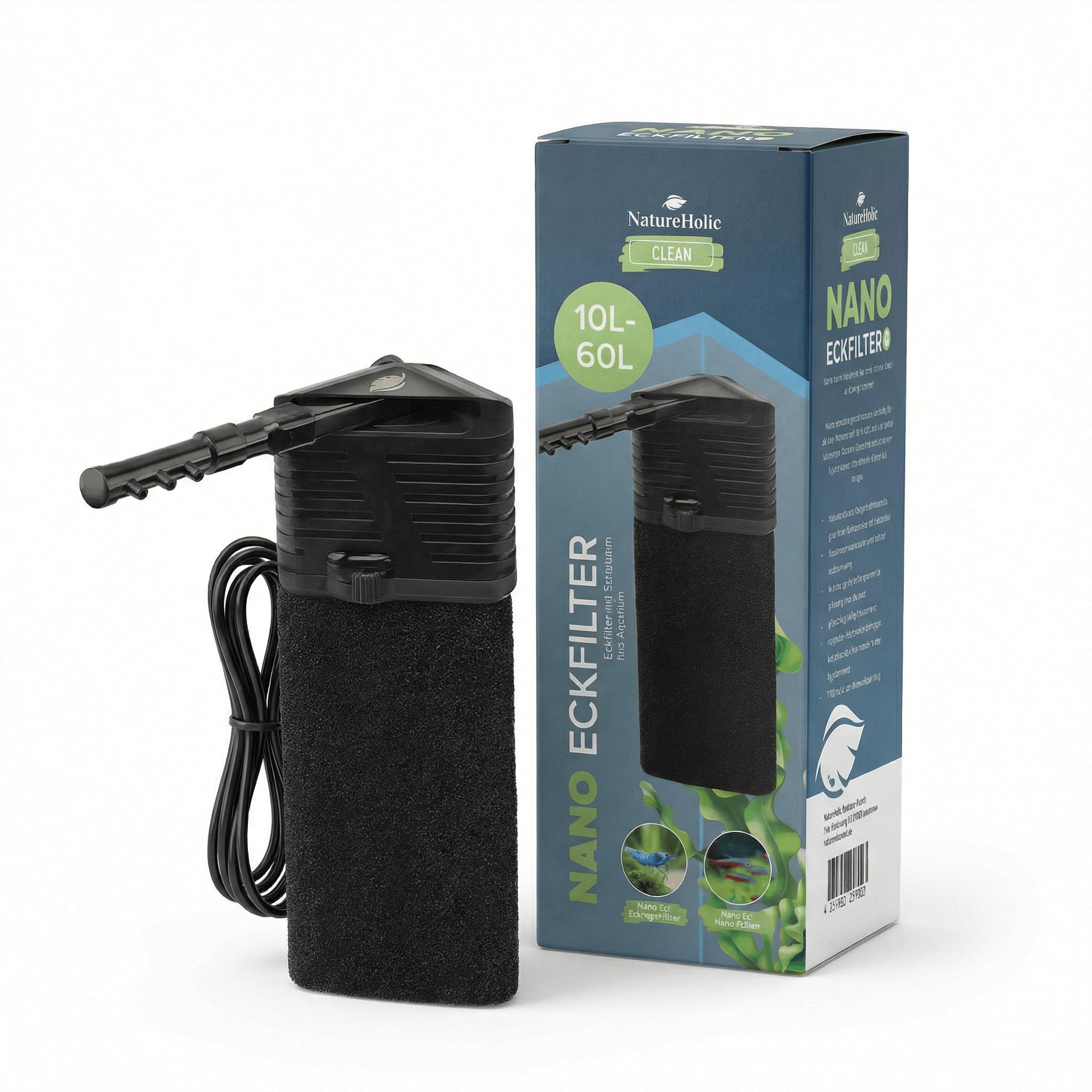 NatureHolic Nano Eckfilter - feinporiger Aquarium Innenfilter - ruhige Strömung - Filter garnelensicher und energiesparend - 10 bis 60 Liter Nano Aquarien