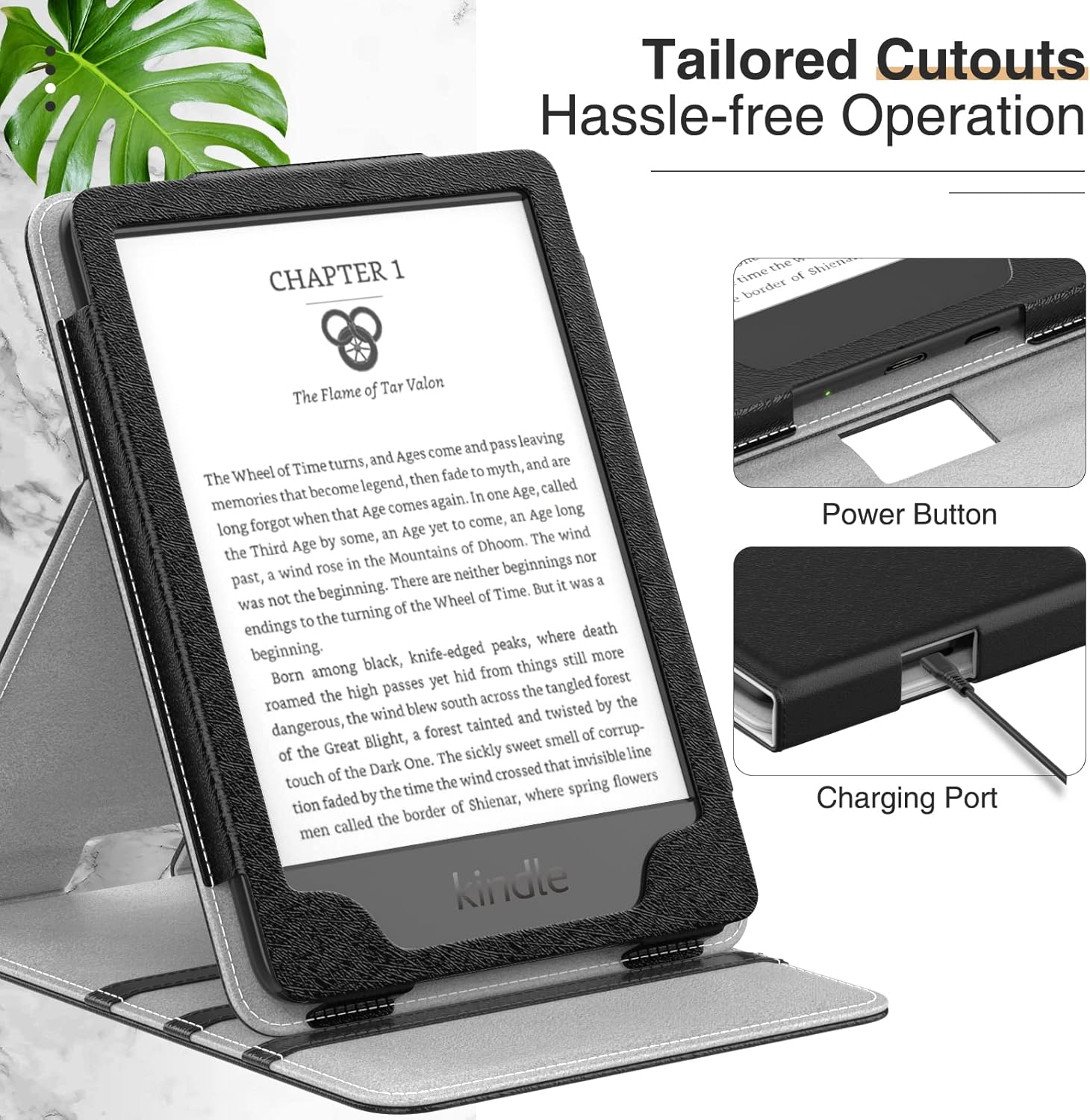 Close-up of Kindle case showing cutouts for power button and charging port