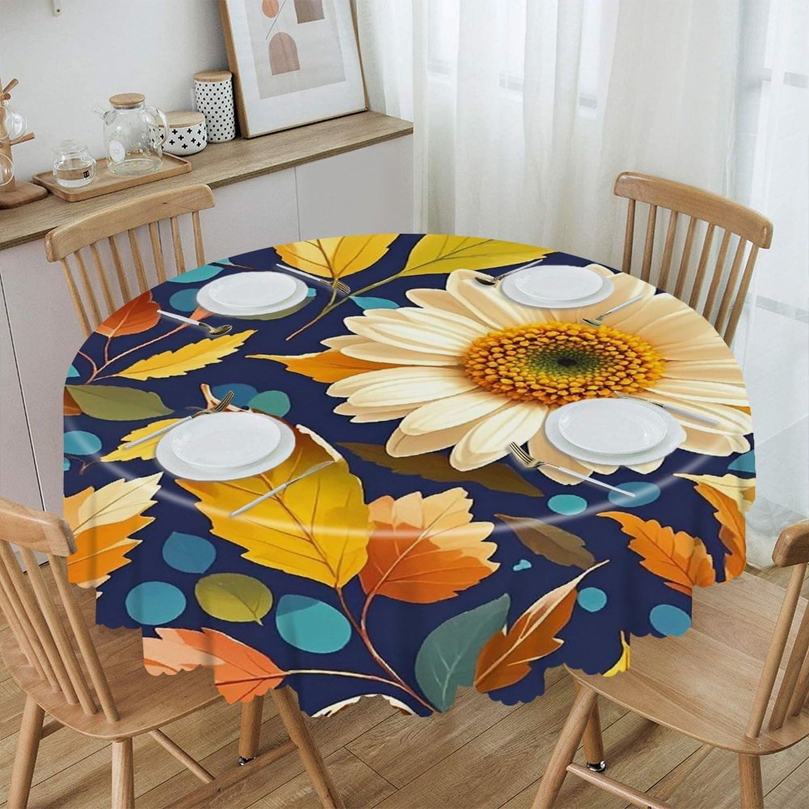 LZQPOEAS Leaves and Flowers Round Tablecloth Rustic Circle Table Cloth Wrinkle Resistant Decor Tablecloth Waterproof Washable Table Cover for Kitchen Party Dining Table 60 Inch