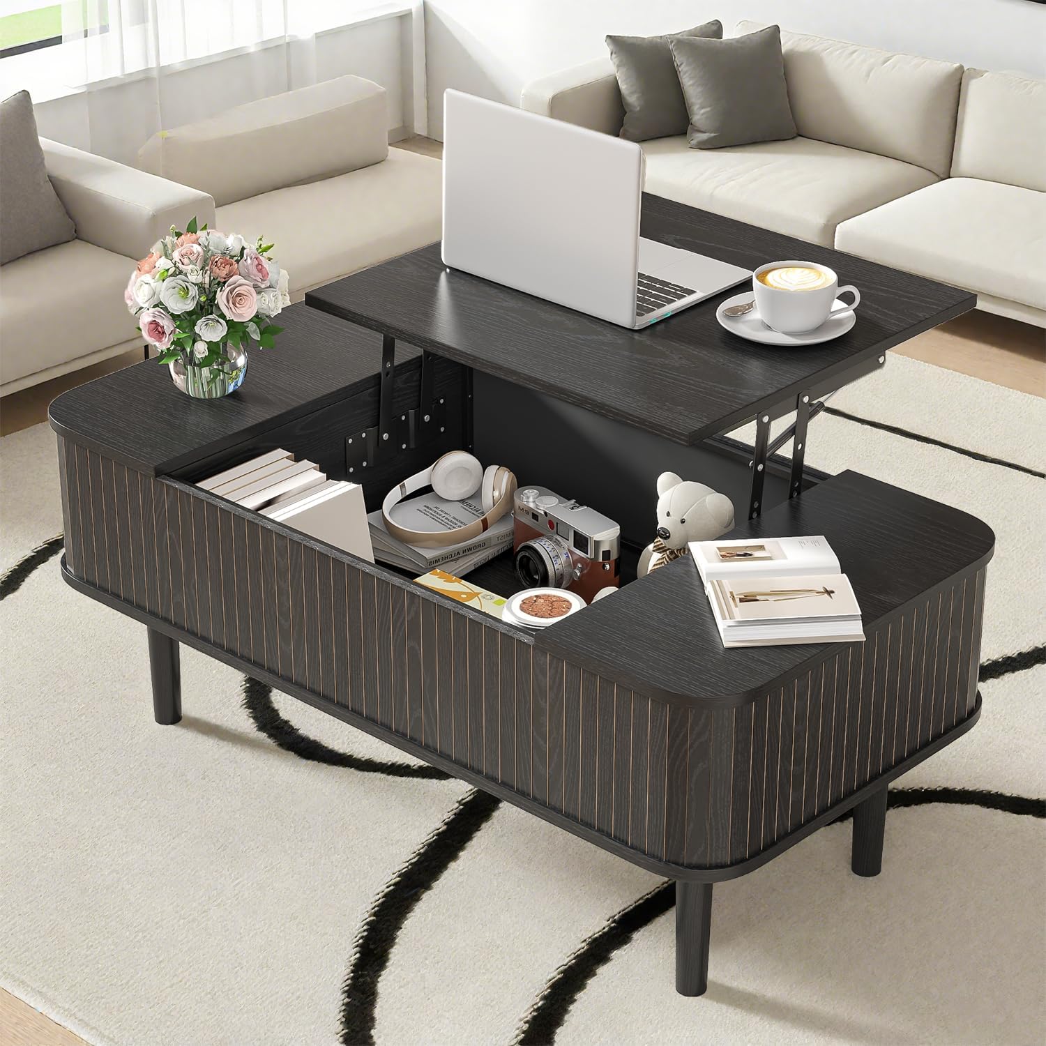 Coffee Table Lift Top, Fluted Coffee Table with Storage, Black Coffee Tables for Living Room, Modern Center Table with Metal Legs
