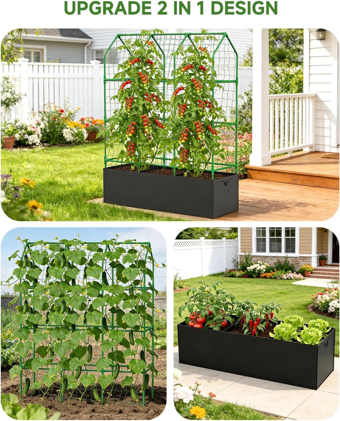 Cucumber Trellis with Grow Bag for Raised Bed, A-Shape Garden Trellis for Climbing Plants Outdoor, Metal Plant Trellis with Garden Netting for Flower Vegetables, Pea, Grape (51 * 17.7 * 65inch)