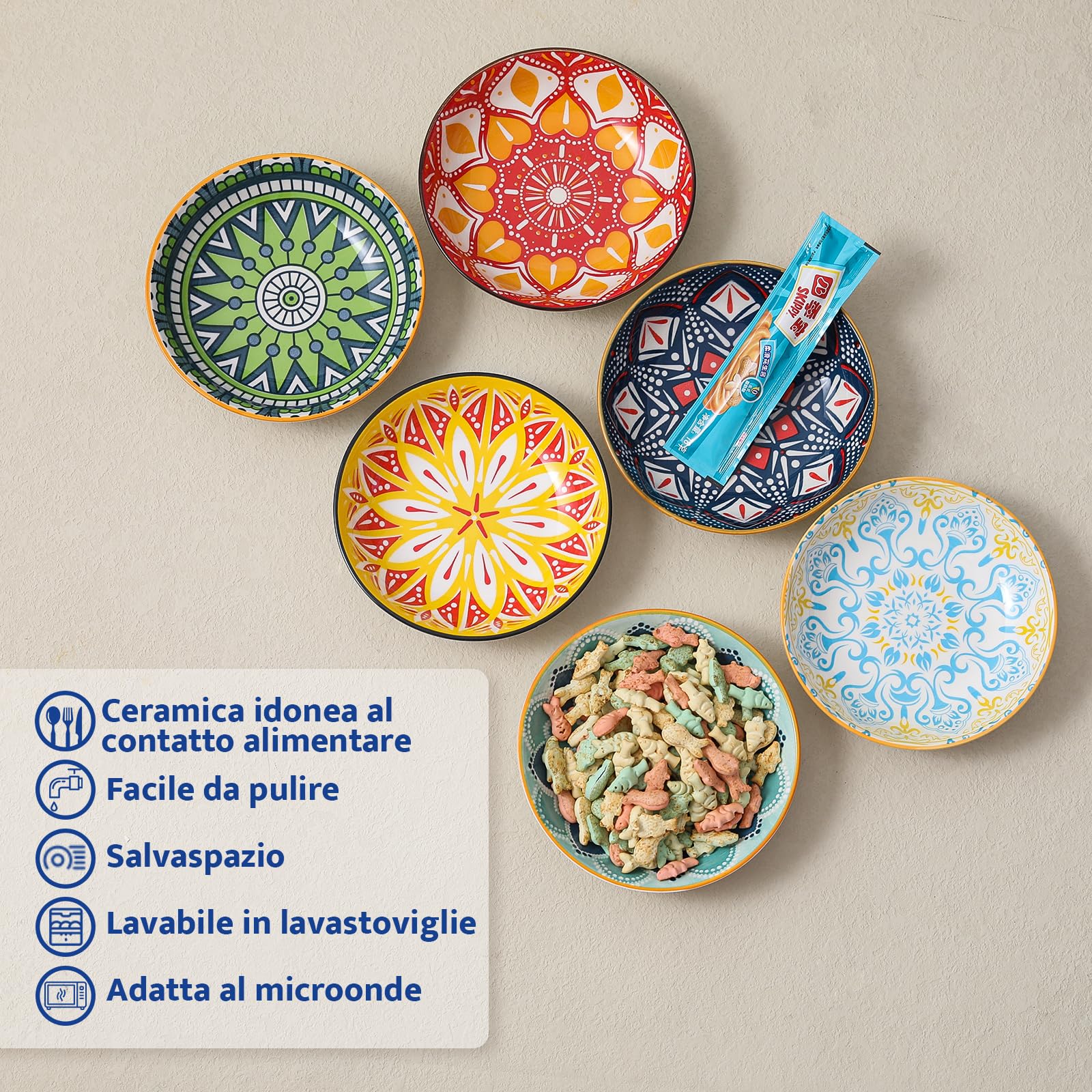 Ciotola in Ceramica per Gatti - Set di 6 Scodelle Colorate per Cibo - Ciotoline in Porcellana da 185 ml - 14,3 x 3,6 cm - Adatto per Lavastoviglie e Microonde
