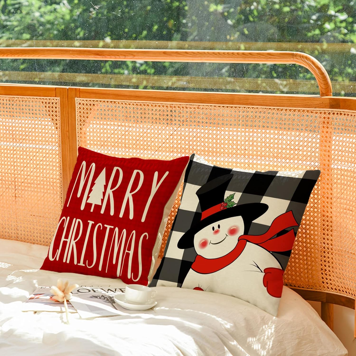 Set of 4 Merry Christmas Pillow Cases - 24x24 Inch Santa Snowman Throw Pillow Covers - Red Xmas Holiday Couch Sofa Cushion Covers for Christmas
