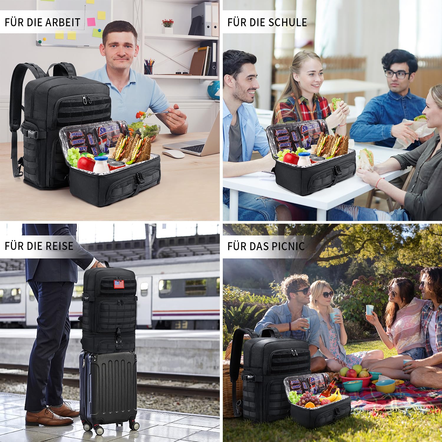 BERTASCHE Plecak na lunch dla mężczyzn, plecak na laptopa z izolowanym pudełkiem chłodzącym, torba robocza do biura, podróży, uni, wędrówek, taktyczny, Molle, czarny