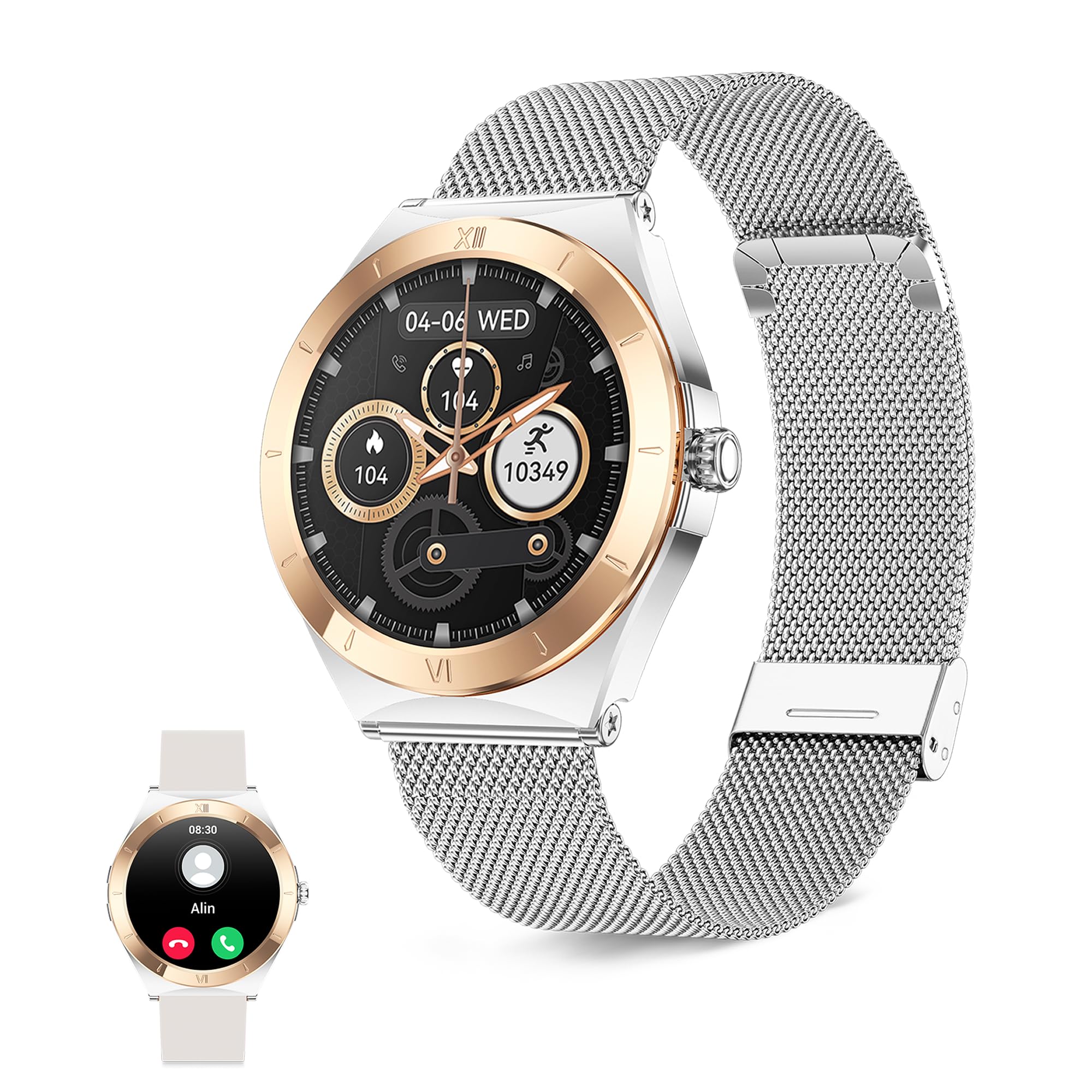 KSIX Montre connectée LYA Go pour Femme, écran AMOLED 1,19", autonomie de 5 Jours, Modes Sport et santé, Notifications, appels, Assistant Vocal, 2 Bracelets en métal et Silicone (Argent et Beige).