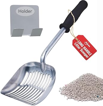 iPrimio Metal Cat Litter Scoop, Non Stick Plated, Long 17" Handle, Silver