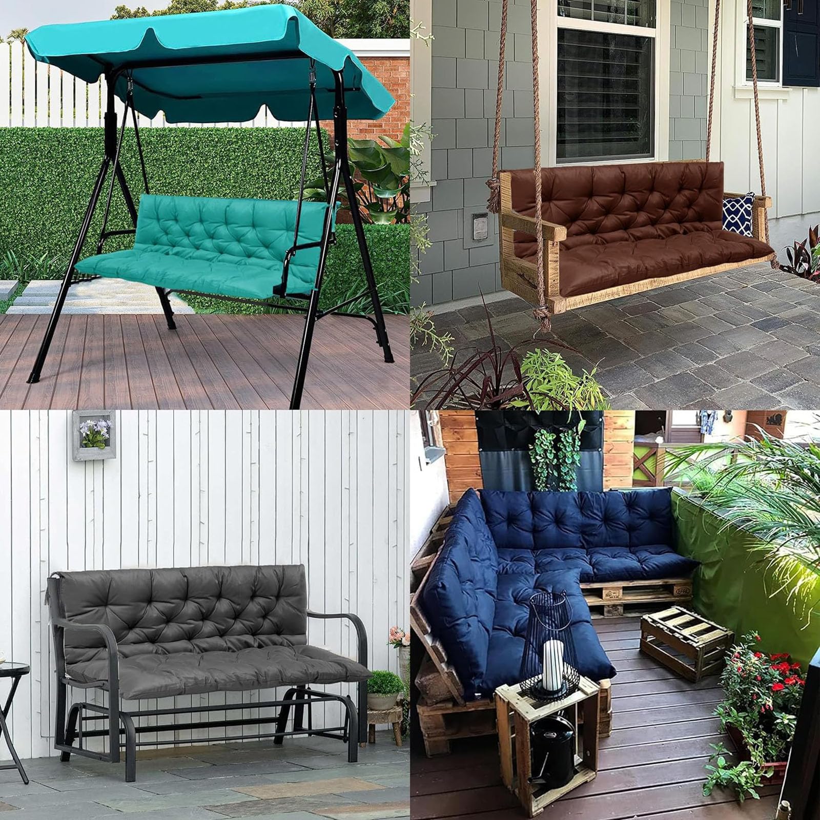 Cojín de repuesto para columpio de exterior, 3 asientos, impermeable, con lazos, respaldo grueso, 4 pulgadas, cojines para muebles de patio y jardín, 40 x 40 pulgadas, color azul lago