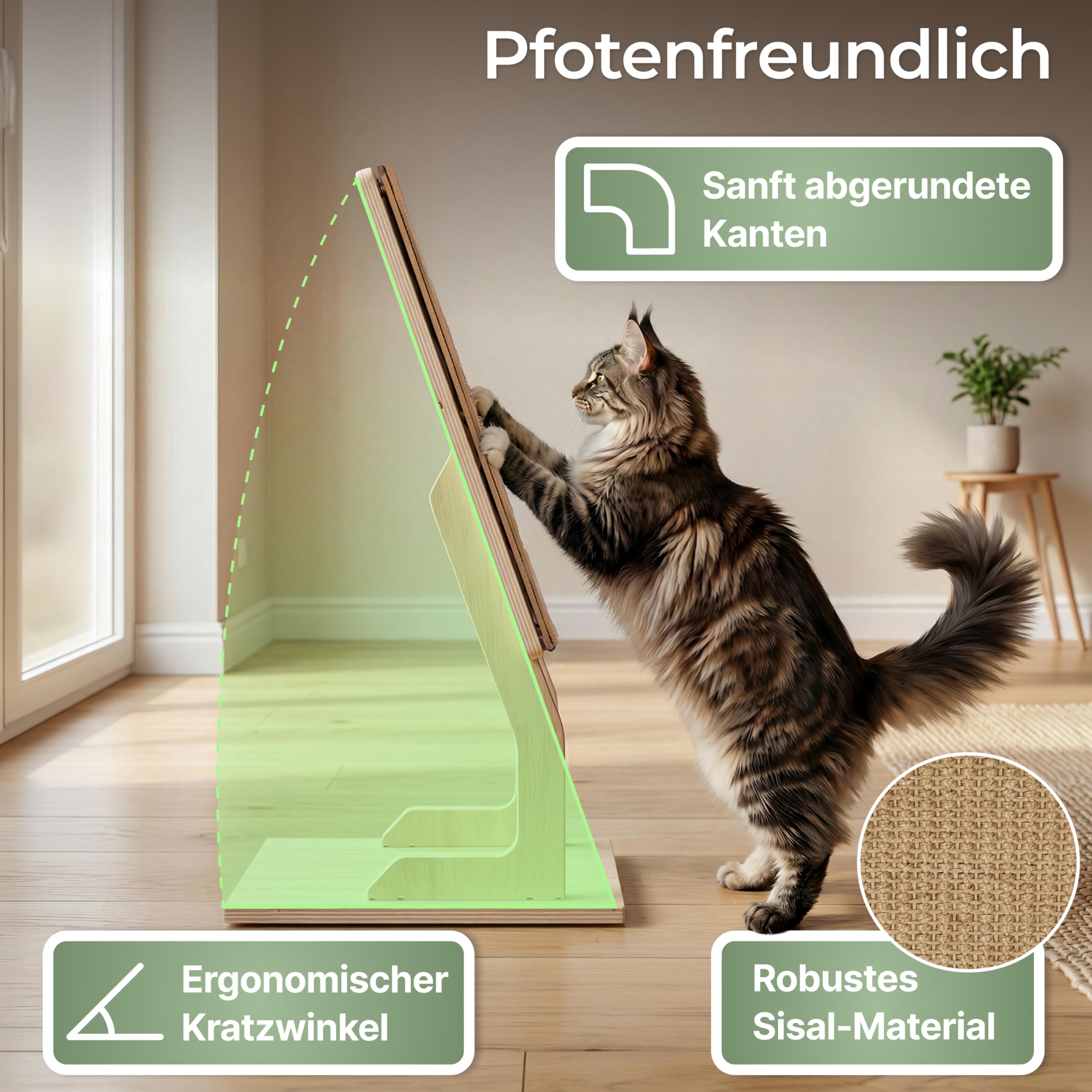 WOOWOOD Rascador para gatos de sisal, 68 cm, madera maciza, suelo o pared | Esterilla resistente para rascar, madera maciza, alternativa, para viviendas de alquiler, cuidado natural de las garras