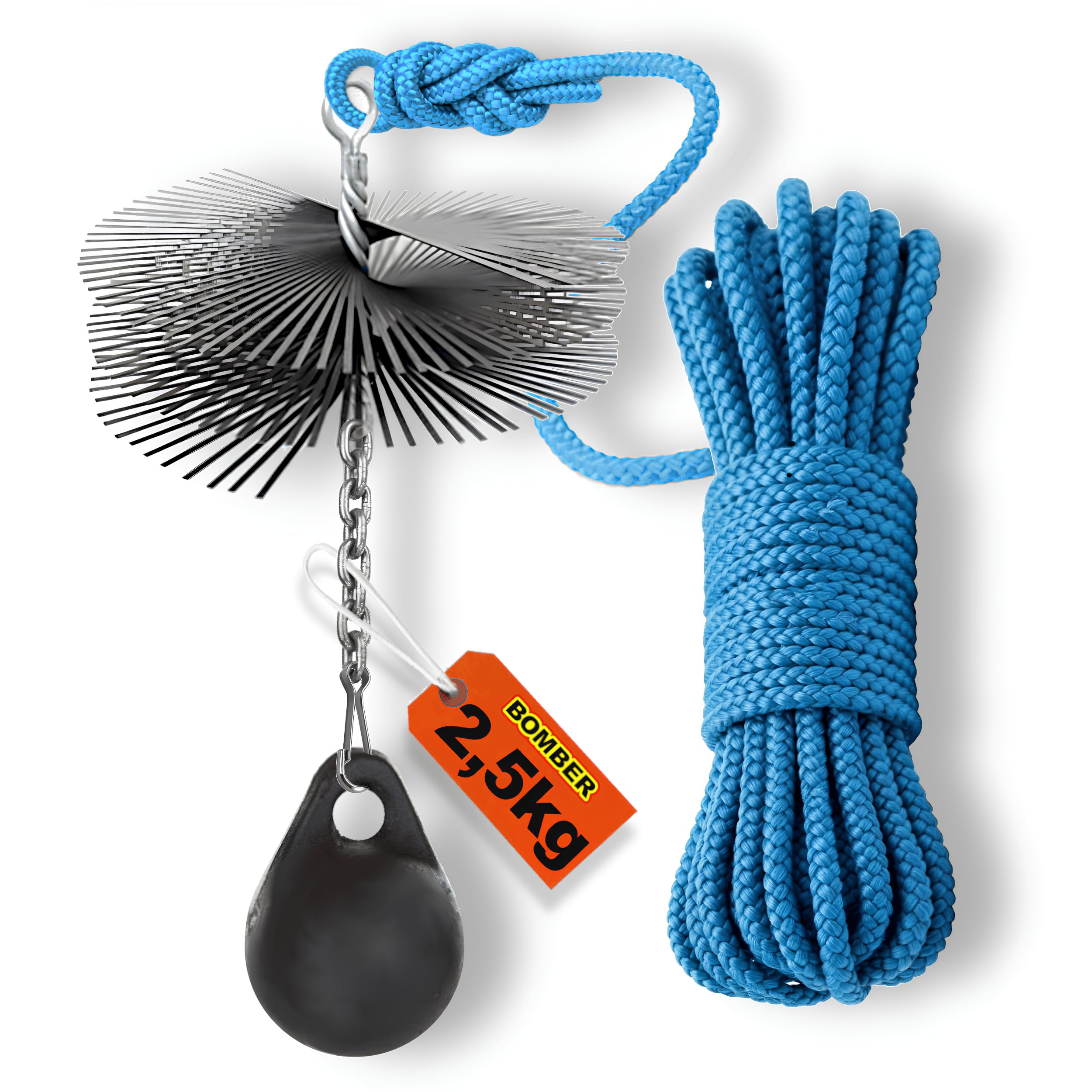 Bomber Kit Spazzacamino per Pulizia Canna Fumaria - Scovolo Camino 200mm | con Palla 2,5kg, Corda 15m e Moschettone - Spazzola Acciaio per Camino, Fuliggine e Pulizia Dall’Alto