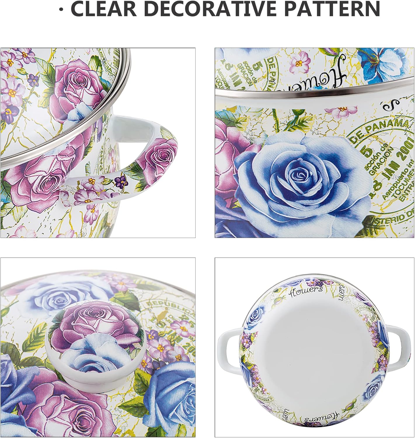 Retro Flower Enamel Stockpot with Lid,Stockpots for Cooking,Retro Classic Design(5L-Blue Rose)