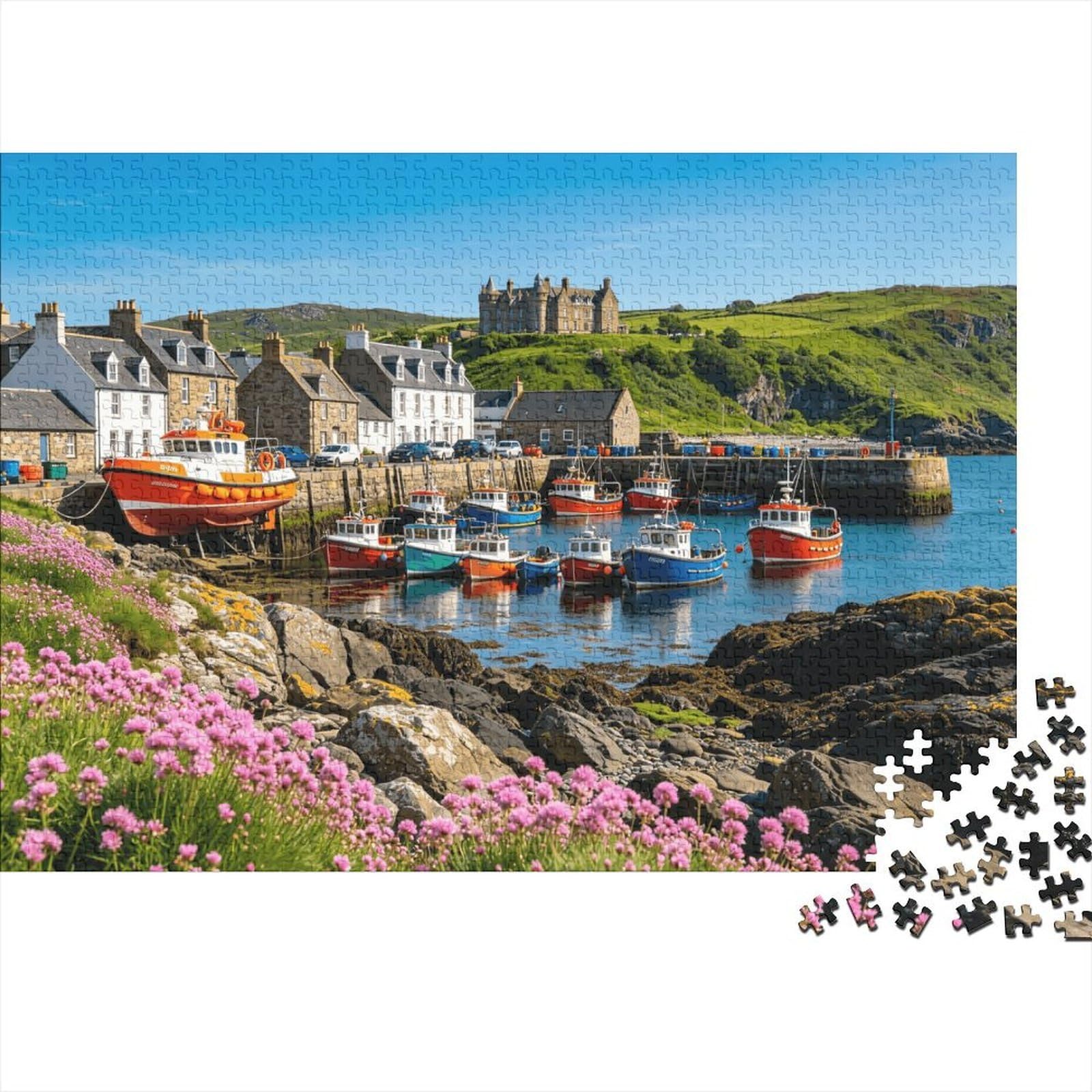 Scottish Coastal Puzzle for Adults 1000Pc Recyclable Fishing Port Jigsaw Puzzles Interesting Family Game Props Fun Present for Holiday Blessings Gift 52x38cm/1000pcs — image 1