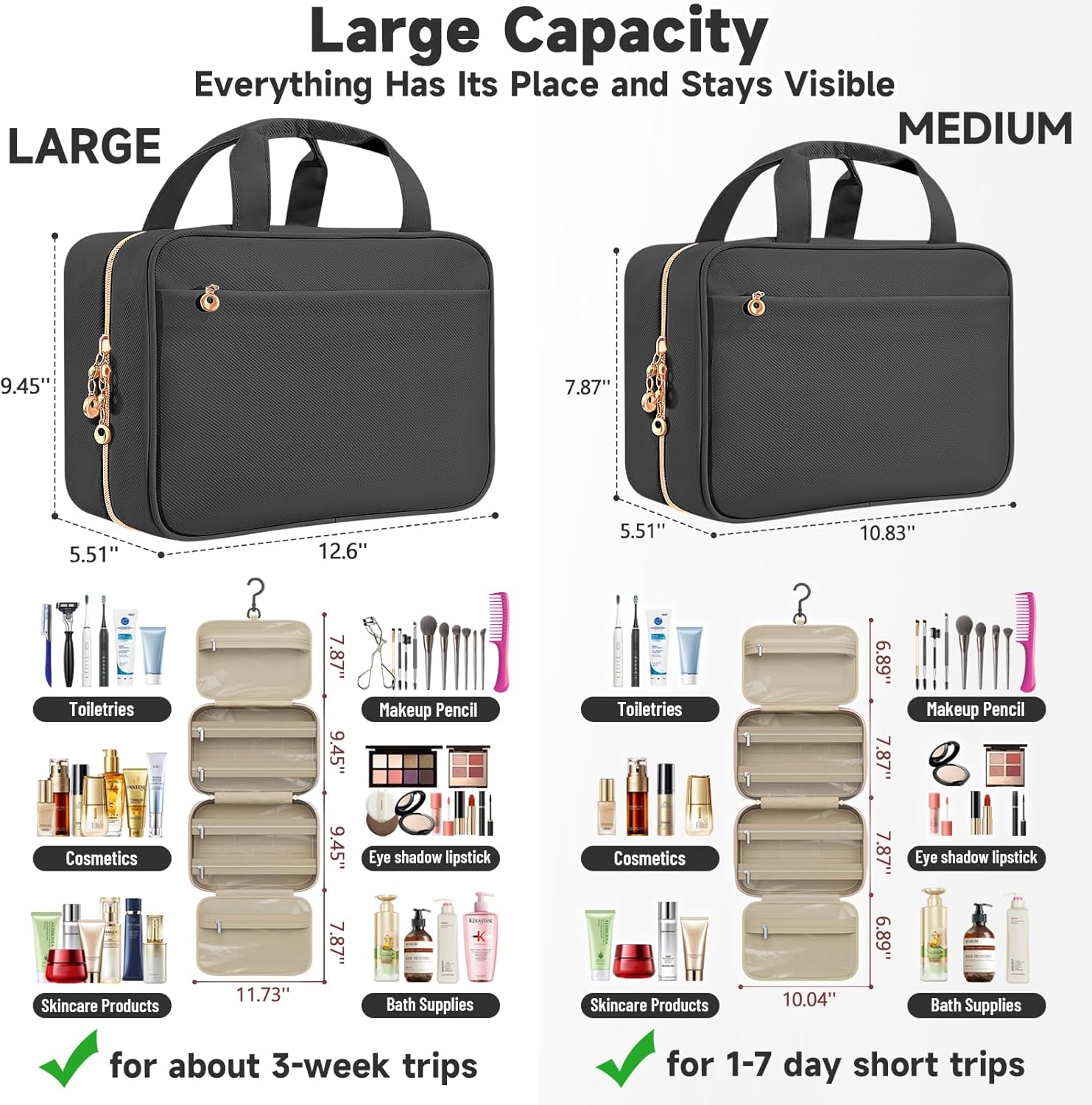 Travel Toiletry Bags, Portable Travel Bag with Hanging Hook for Women, Waterproof and Hanging Makeup Bag Travel Organizer Accessories for Travel Essentials (Black, Large)