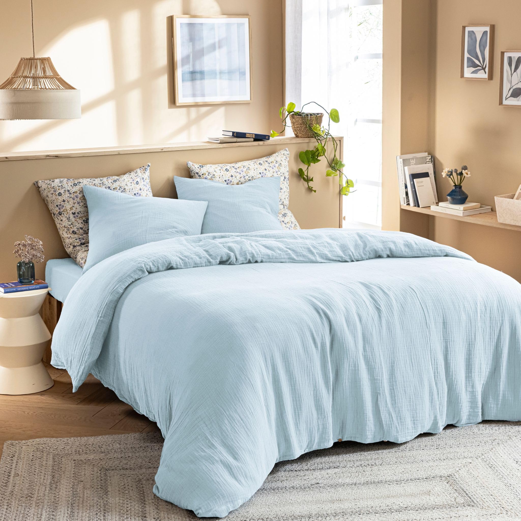 Terre de Nuit - Housse de Couette 240x220 Gaze de Coton Bleu Ciel Terre de Nuit June - Bleu Ciel - Uni - 57 Fils/cm² - Base Droite