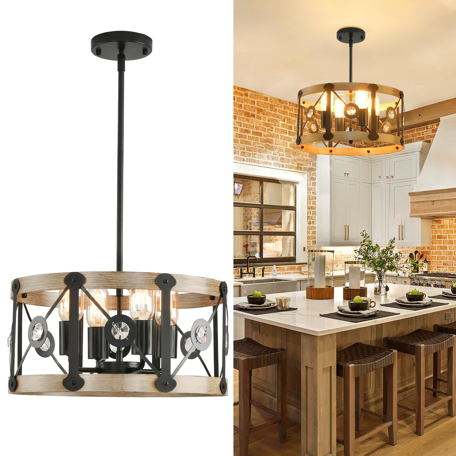 AOLALA Farmhouse Drum Chandeliers, Black Pendant Light Adjustable Semi