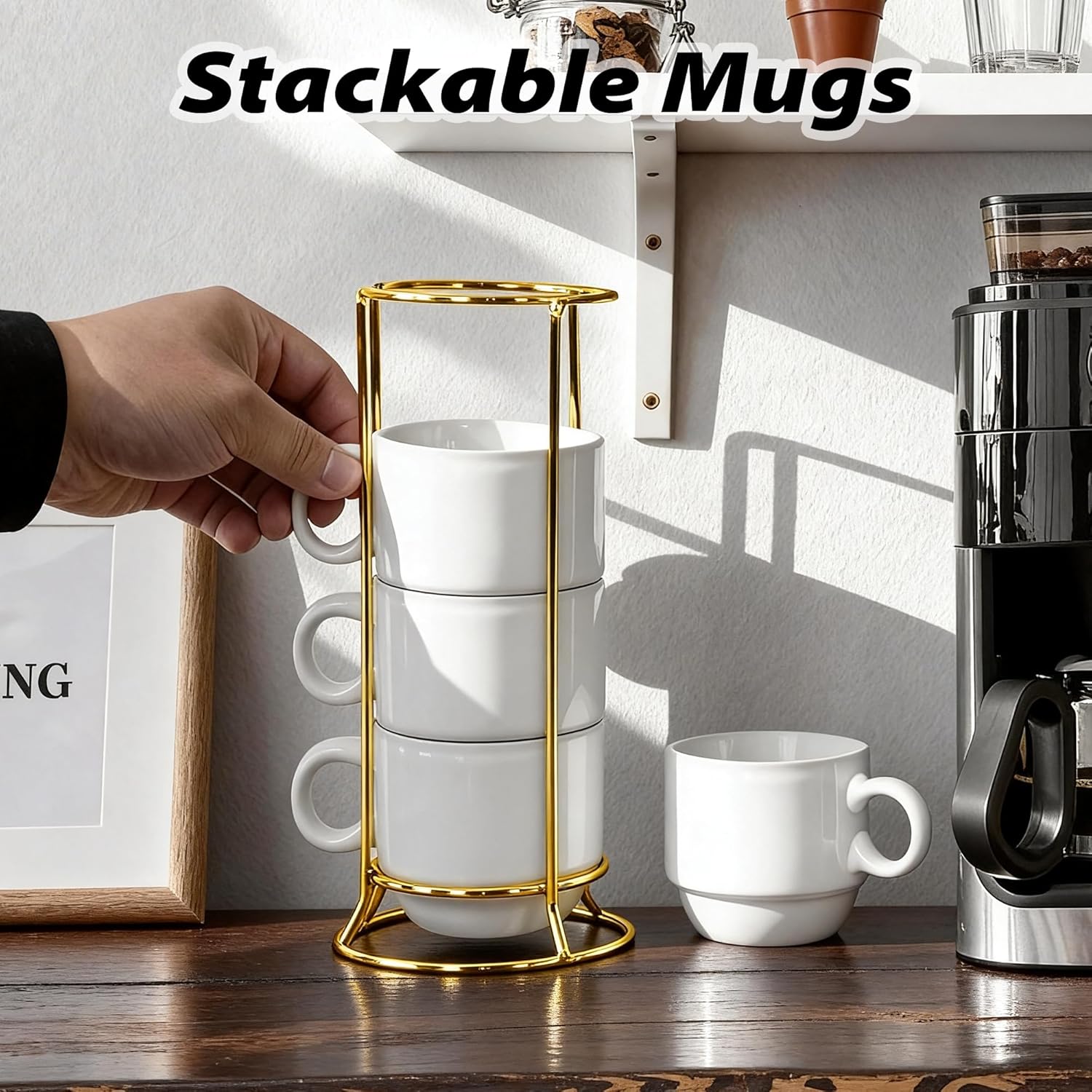 6oz Sublimation Coffee Mugs Set of 4, Blank Stackable Coffee Mugs with Rack Porcelain Stackable Cappuccino Cups with Metal Stand for Coffee, Tea, Cocoa, Milk (4 Set of 16 Pcs Mugs)