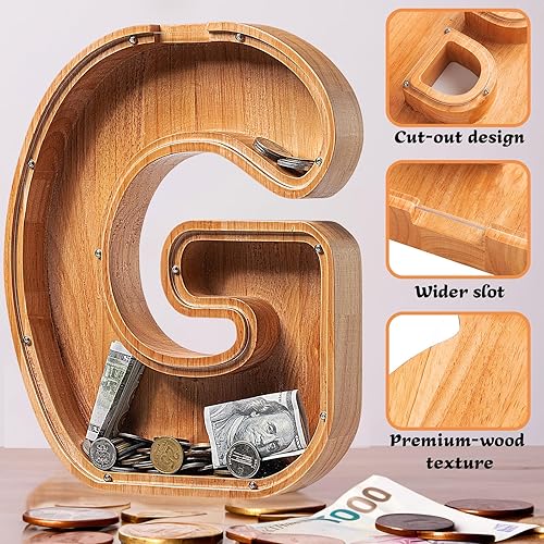 Miniatura 2 de Sulevalt Alcancías de madera extra grandes de 12 pulgadas  Alcancías para niños y niñas, bancos de dinero del alfabeto con inicial G  Banco de