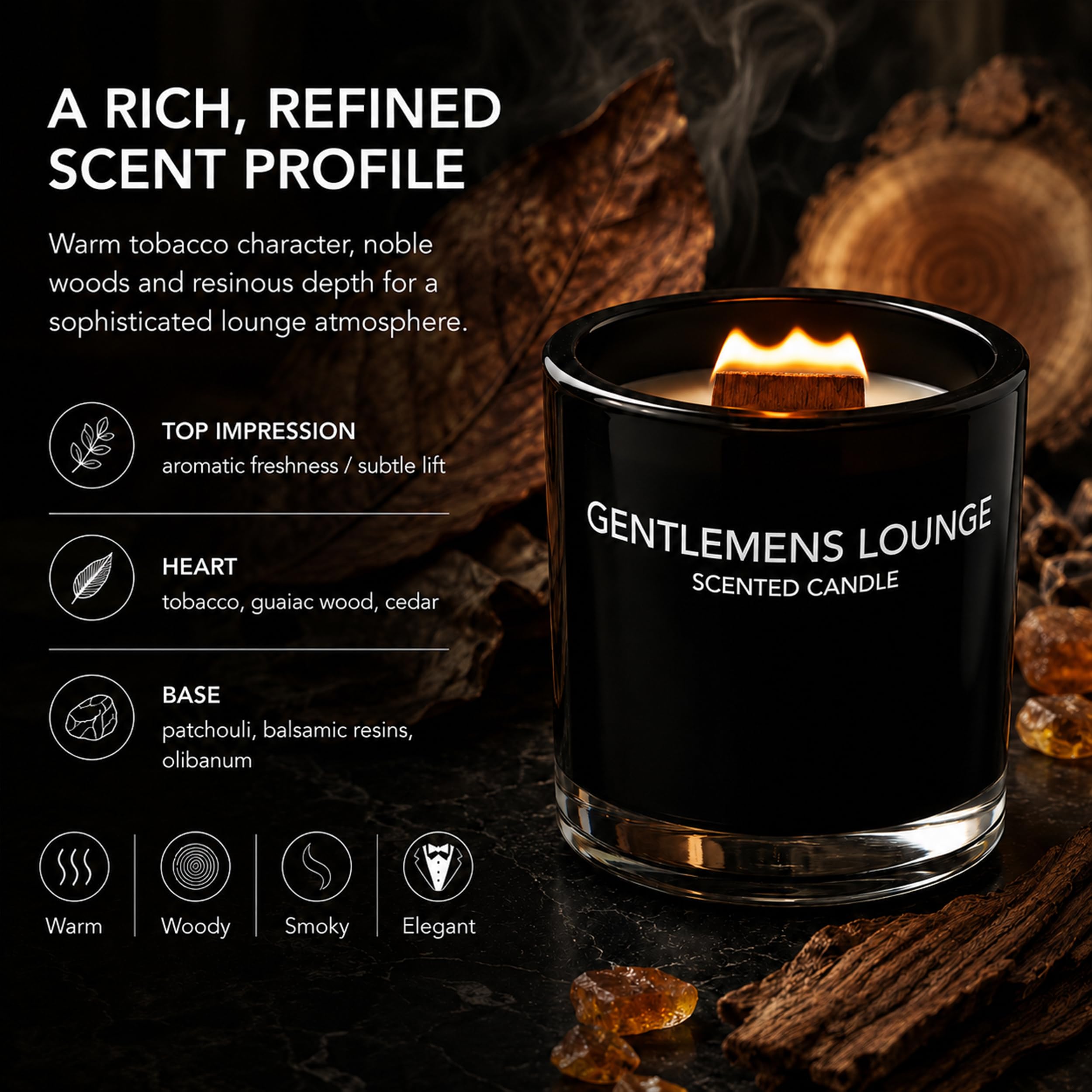 Jeremy Fragrance Kerze Gentleman Lounge | Premium Duftkerze im Glas mit Holzdocht | lange Brenndauer | Schwarz | exquisit und mit lebendigem Guajaköl | Zedernholz, Patschuli, Eukalyptus