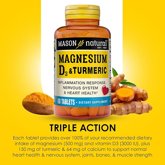 MASON NATURAL Magnesium & Vitamin D3 with Turmeric, 60 Day Supply | 500mg magnesium, 3000 IU vitamin D3, 150mg turmeric & calcium; dietary supplement to support normal muscle, bones & joints
