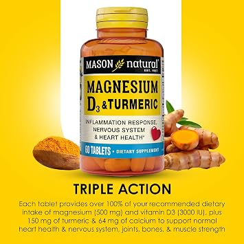 MASON NATURAL Magnesium & Vitamin D3 with Turmeric, 60 Day Supply | 500mg magnesium, 3000 IU vitamin D3, 150mg turmeric & calcium; dietary supplement to support normal muscle, bones & joints