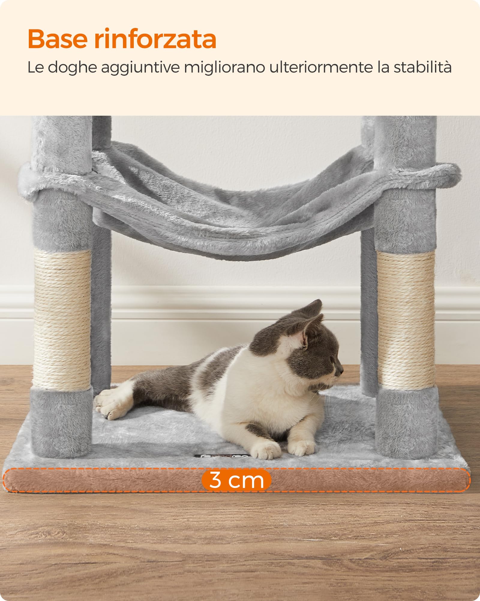 Feandrea Albero per Gatti Alto 143 cm, Tiragraffi per Gatti, con 4 Pali Graffiatoi, 2 Posatoi, 1 Grotta, 1 Amaca, 2 Pompon, in Peluche a Più Livelli, Grigio Chiaro PCT161W01