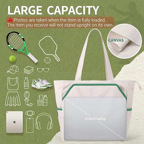 Miniatura 2 de SMRITI Tennis Tote Bag Canvas, Large Sports Handbag Tennis Racket Bag for Women, Portable Tennis Racquet Shoulder Bag for Badminton, Pickleball,